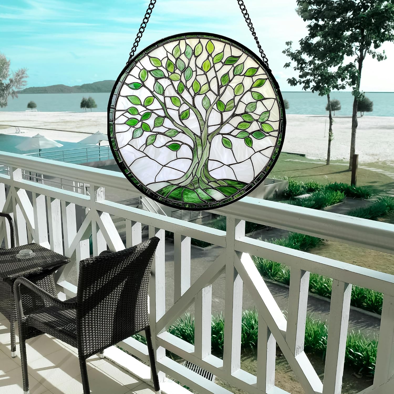 Stained Glass Window Hanging - White Green Tree of Life Sun Catcher for Door Garden Home Decor Plant Suncatcher Christmas Mother's Day Birthday Gifts for Women Men Mom Nana 9.8 in