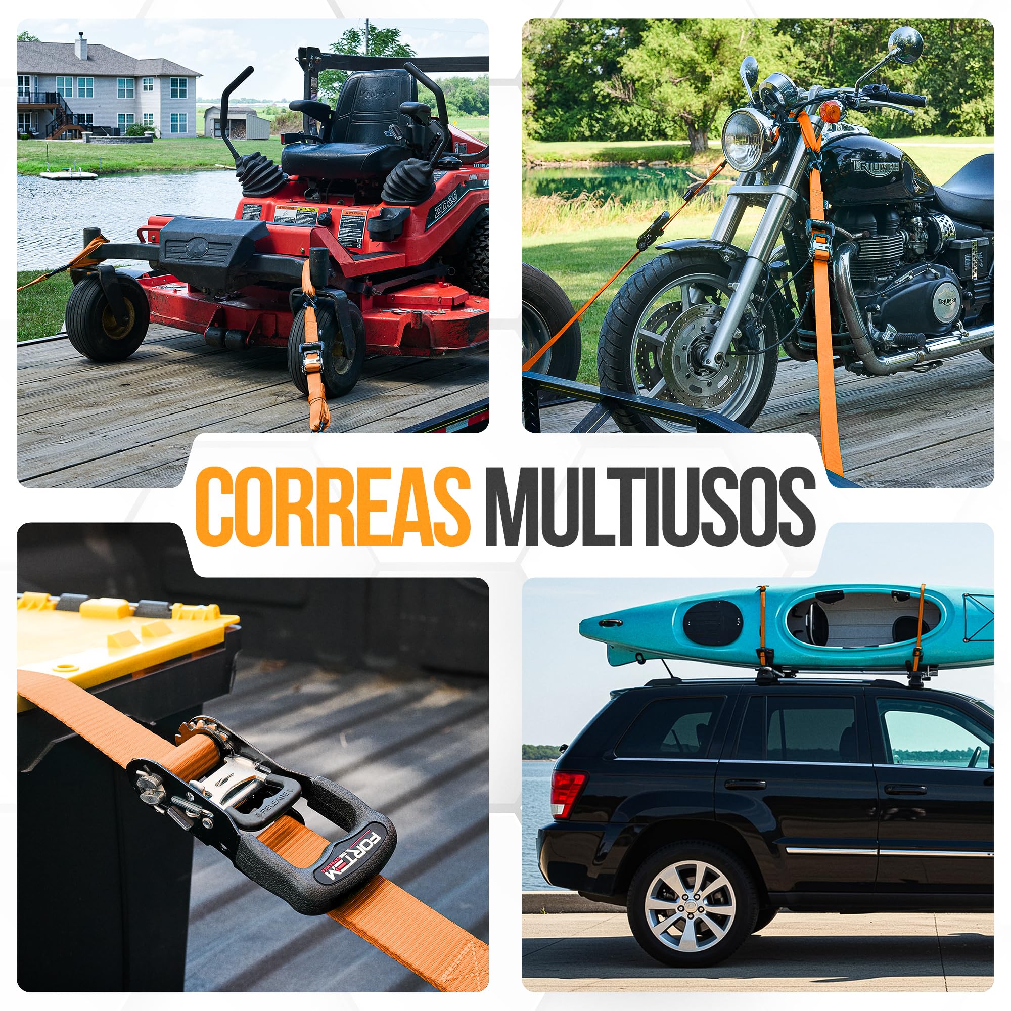 FORTEM Correas De Trinquete, Resistencia 2362kg, 4 Unidades De 3,04m, 4 Lazos Suaves, Mangos Metálicos con Goma, Ganchos con Capa Plástica, Bolsa De Transporte
