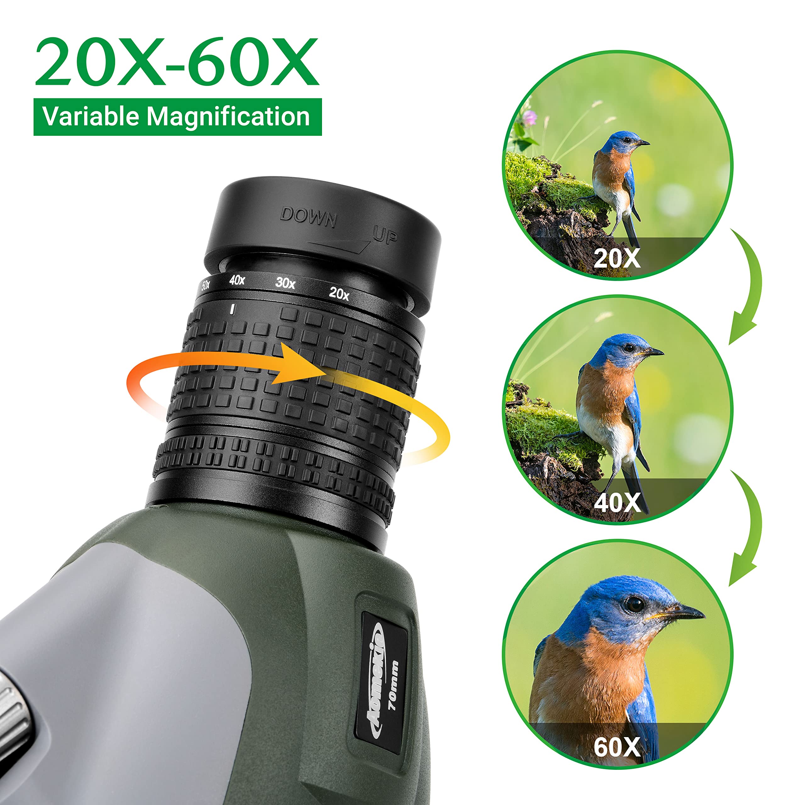 Aomekie Telescopio Terrestre 20–60x70 Impermeable con Trípode Ajustable con Adaptador para Teléfono Móvil