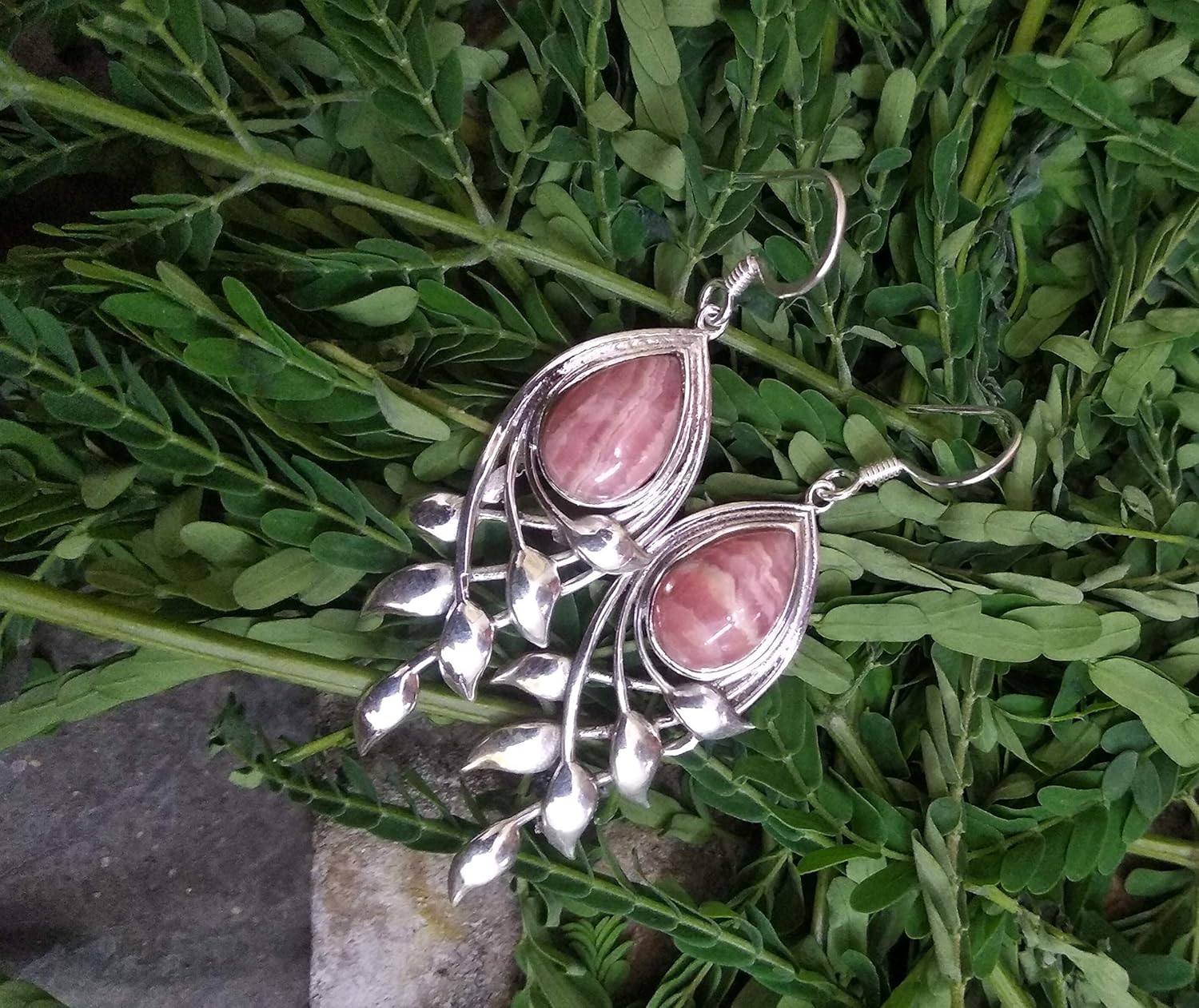 Rhodochrosite Earring, 925 Silver, Teardrop Earrings, Leaf Shape Earring, Gypsy Jewelry, Classic earring, Vintage Earring, Party Wear Earring, Dangle & Drop Earring, Boho Chic, Gift for Her