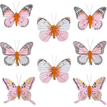 Colourful Butterfly Clip Set of 8 Pink-Orange