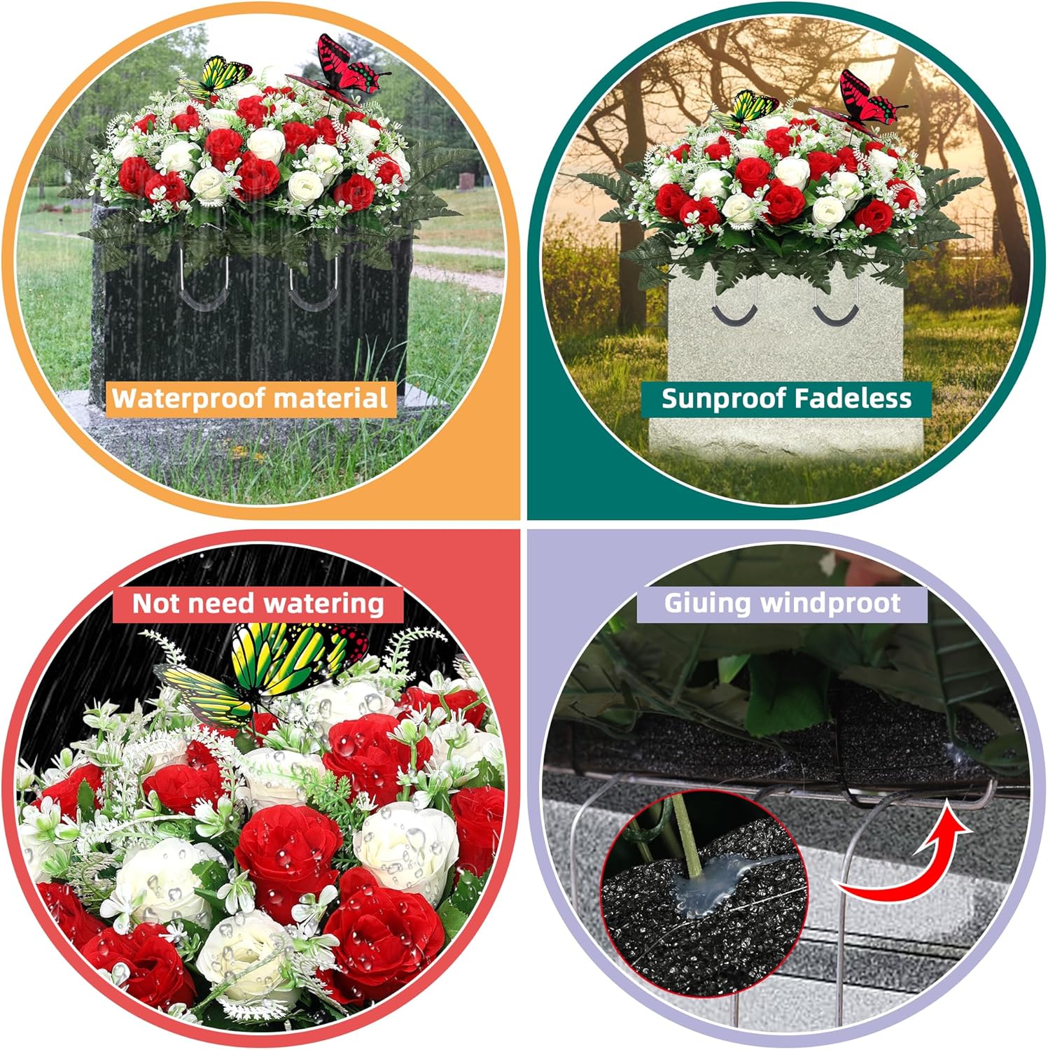 Lodou Artificial Cemetery Flowers for Grave,Large Headstone Flower Saddle Realistic Grave Flowers Memorial Silk Rose Flowers with Butterflies for Headstone Grave Decoration Non-Fading Easy Fit (Red)