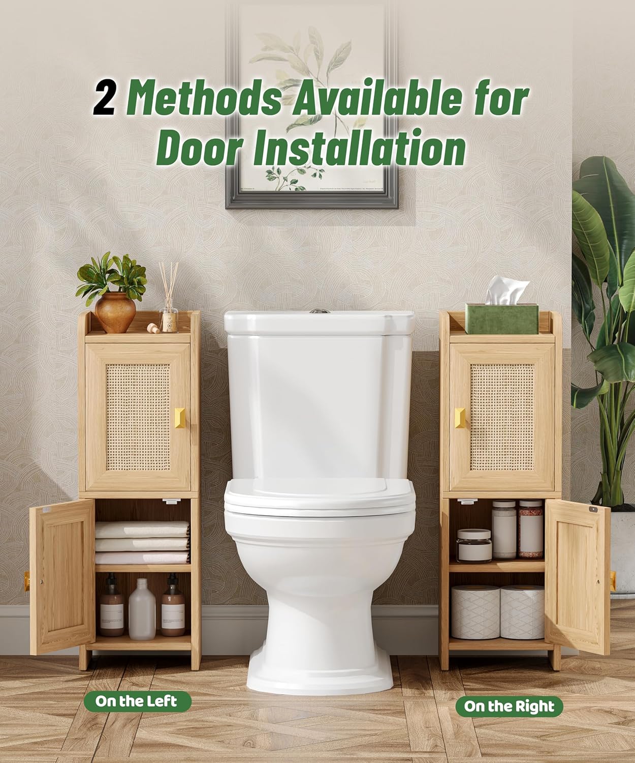 Rattan Small Bathroom Cabinet with 2 Doors, 7.9''D x 9.8''W Narrow Toilet Paper Storage Cabinet, Bathroom Organizer for Small Spaces, Wooden Slim Corner Unit with Adjustable Shelf, Natural Oak
