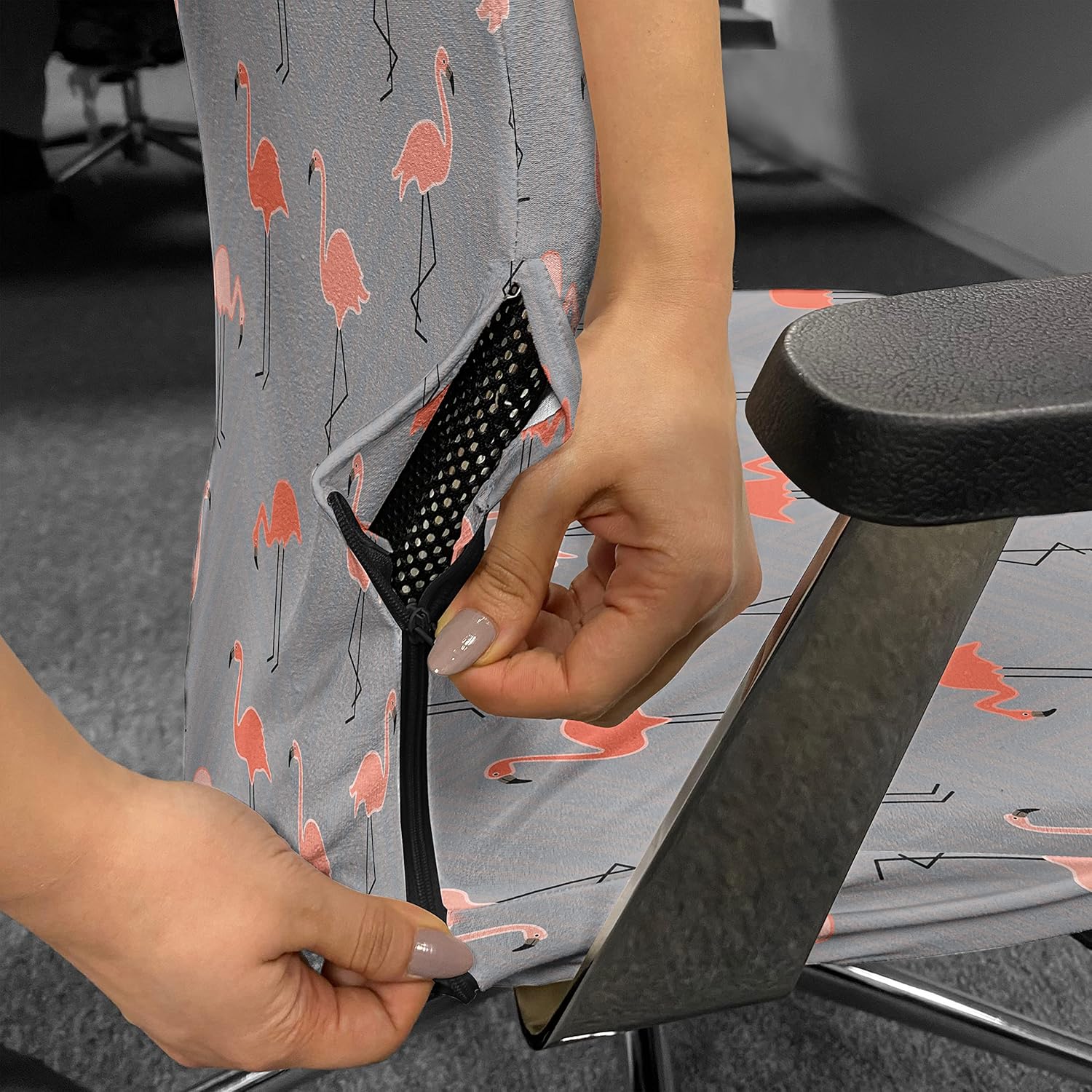 Ambesonne Flamingo Office Chair Cover, Chevron Zigzags Background with Tropical Forest Birds, Stretchable Decorative Universal Size High Back Printed Slipcover, Salmon Grey
