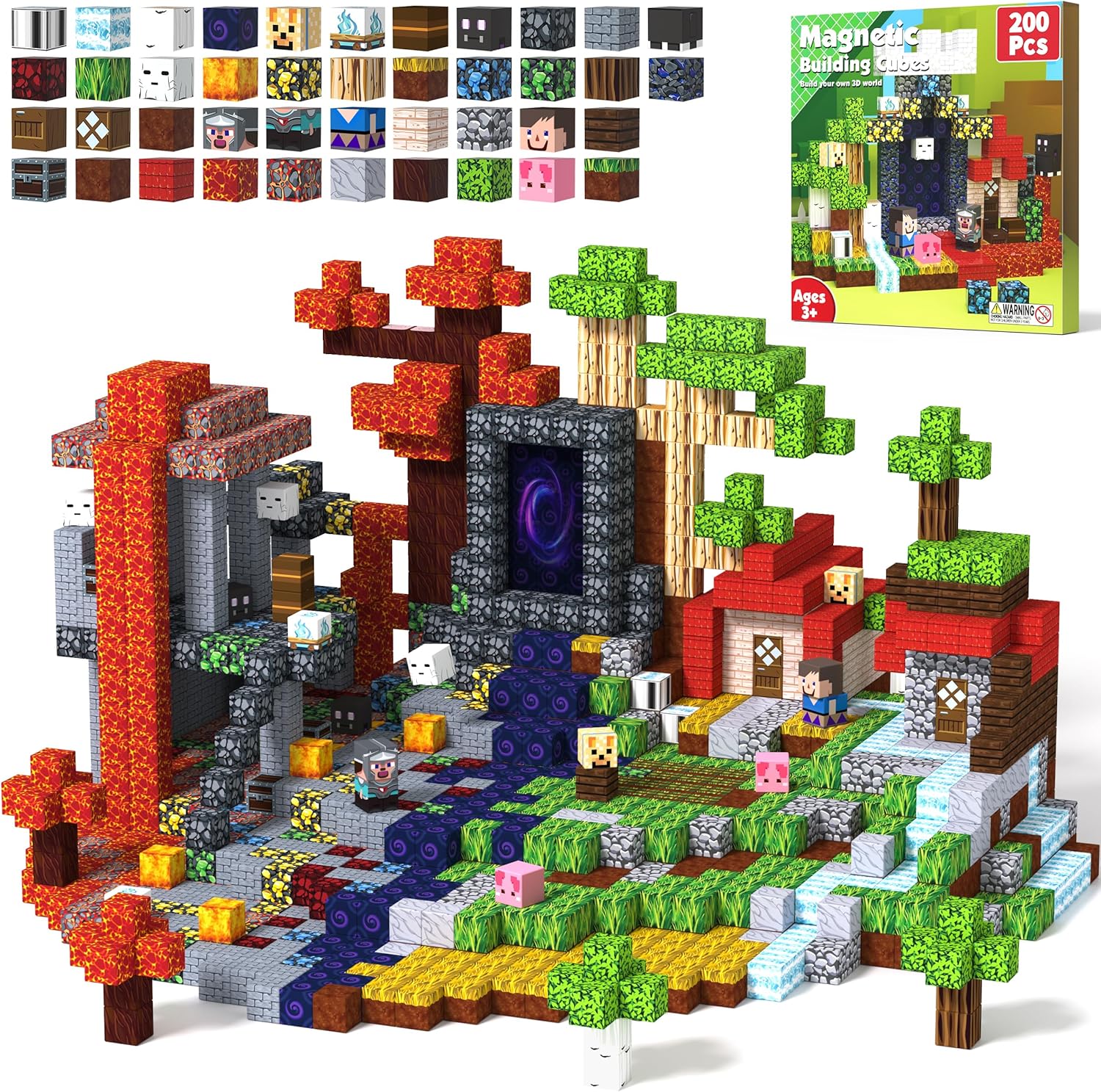 Magnetic Blocks 200 PCS Magnet Building Blocks Cubes Sensory Toys for 3-12 Years Old Gamer Player Kids, Stacking Magnets Birthday Christmas Graduation Gift Set, 0.8 Inch Block, Nether and Overworld