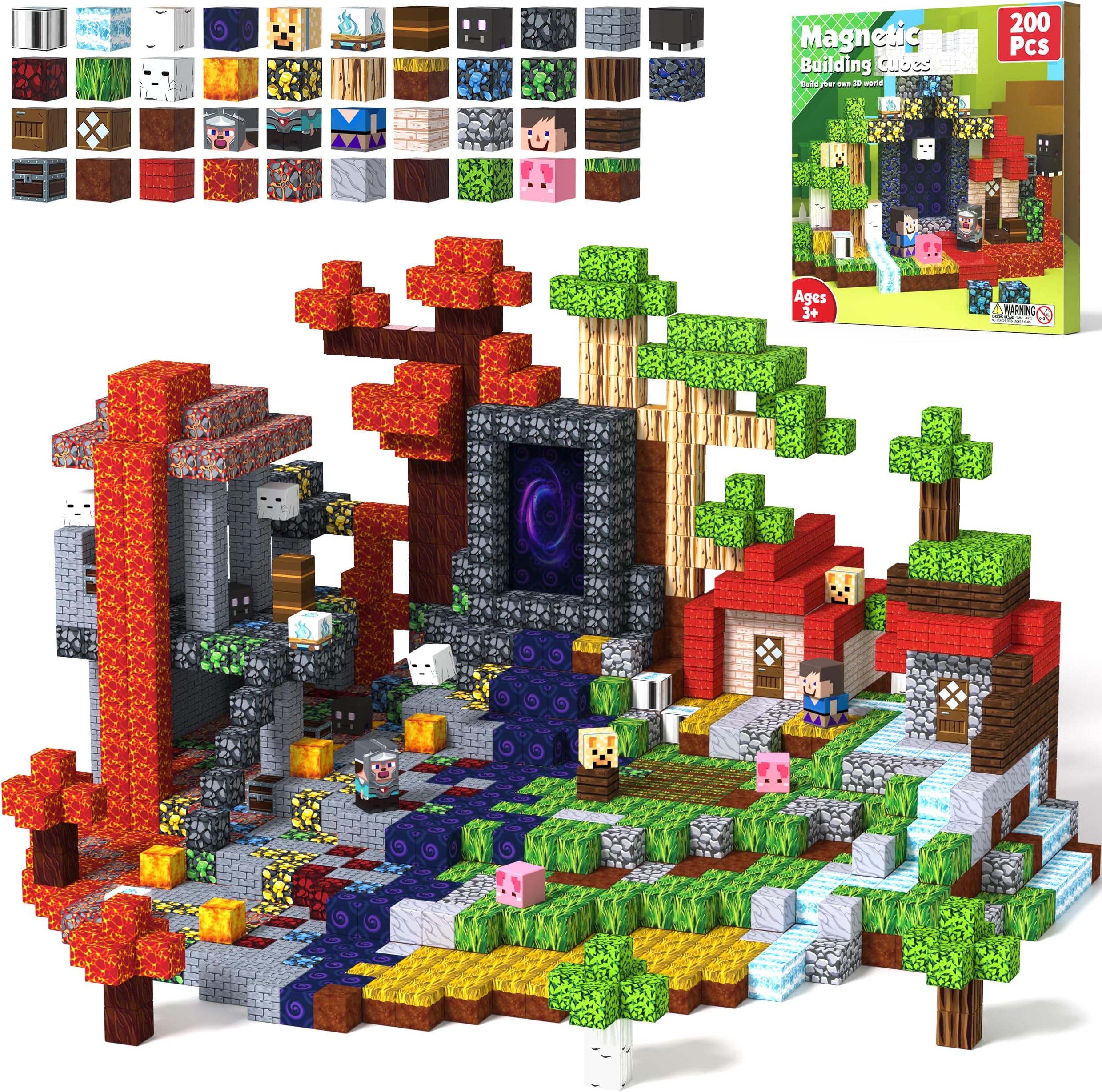 Magnetic Blocks 200 PCS Magnet Building Blocks Cubes Sensory Toys for 3-12 Years Old Gamer Player Kids, Stacking Magnets Birthday Christmas Graduation Gift Set, 0.8 Inch Block, Nether and Overworld