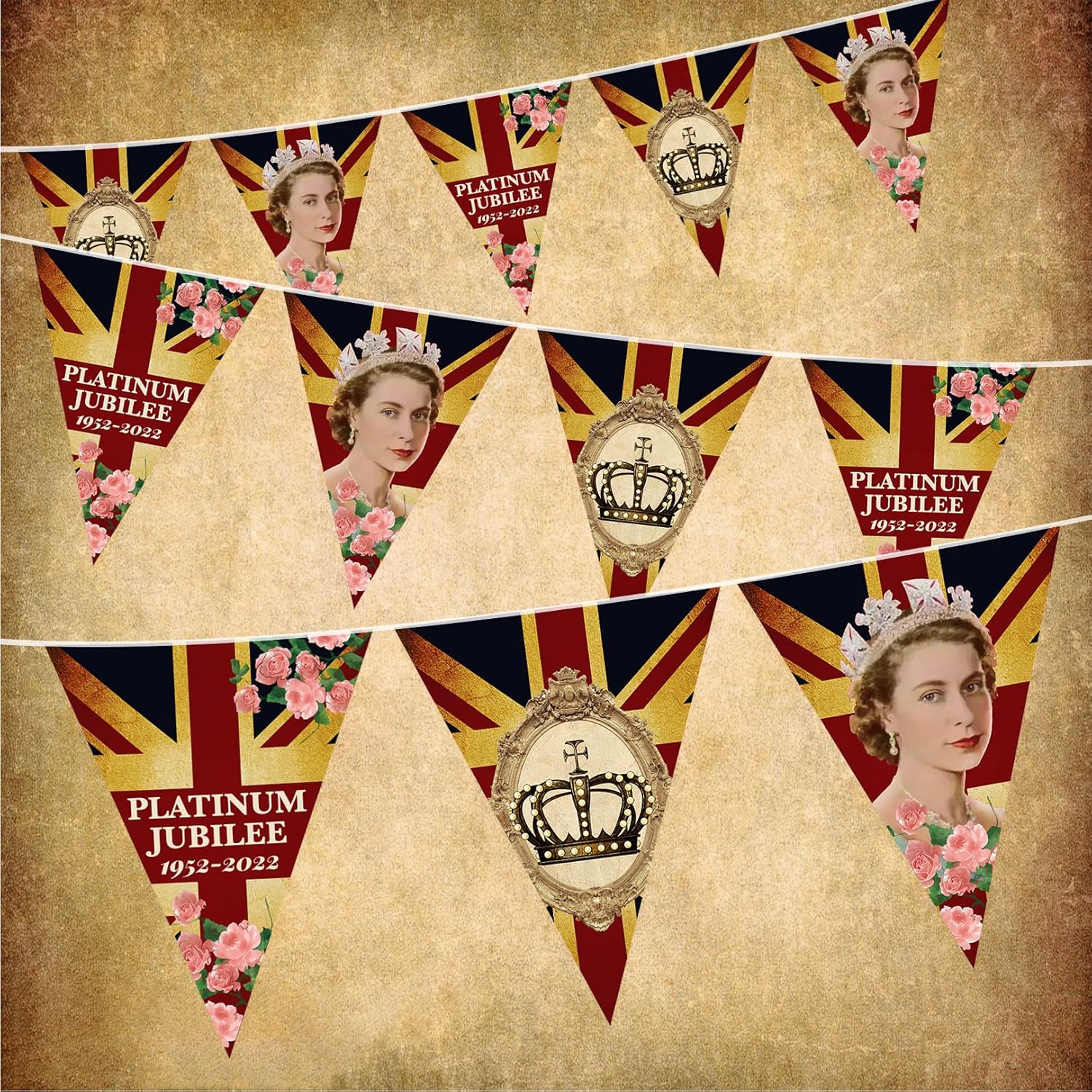 9 PCS Bunting for 2022 Queens Platinum Jubilee, Vintage Union Jack Bunting for Queens Platinum