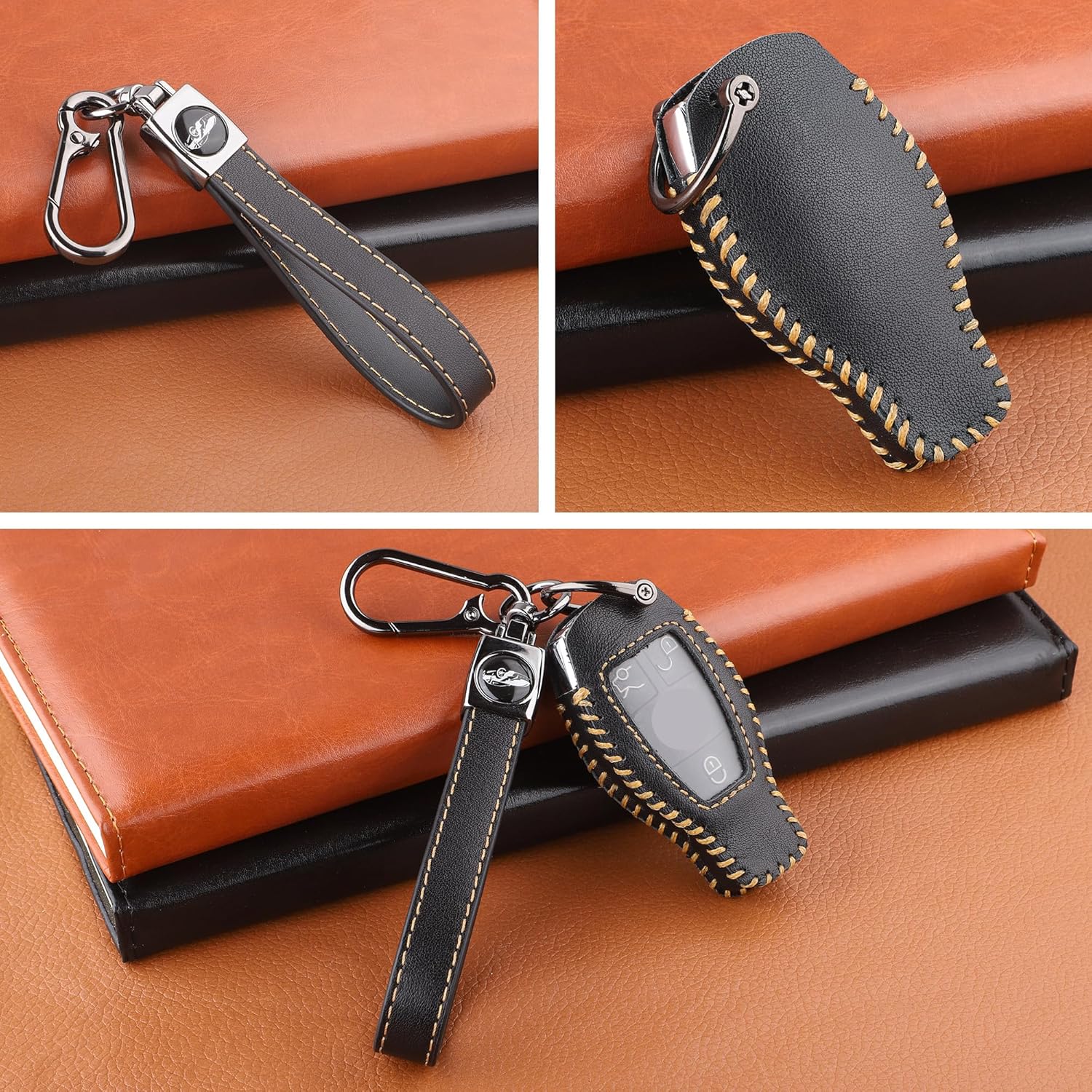 for Mercedes Benz Key Fob Cover with Keychain, Leather Car Key Case Full Protector Fit for AMG C E M S CLS CLA GLK GLA GLC GLE Smart Key, Black - Image 3