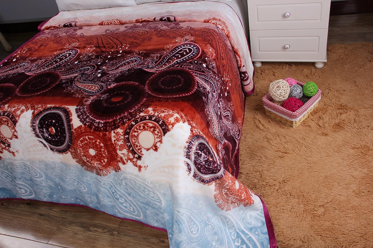 DaDa Bedding Flannel Faux Mink Fleece Throw Blanket - Bohemian Paisley Dreams Silky Soft - Bright Vibrant Floral - Multi Colorful Red Burgundy & Blue - 66" x 90"