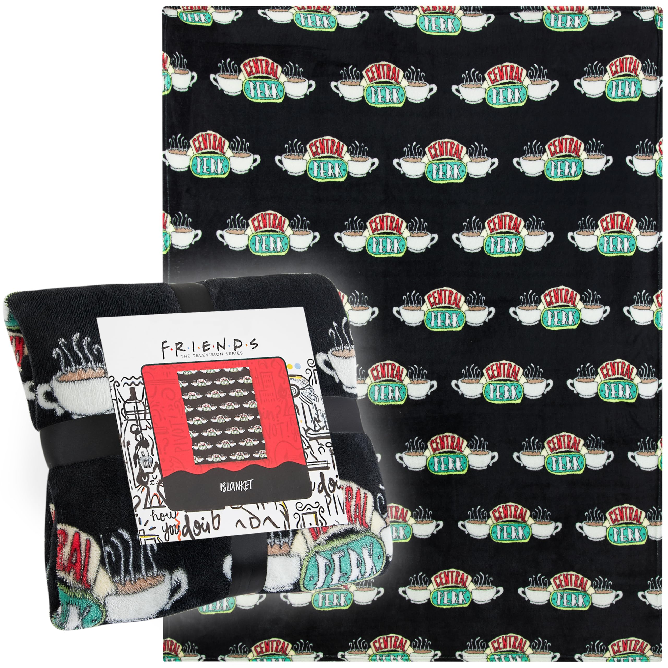 FRIENDS TV Show Fleece Blanket, Super Soft Central Perk Blankets Throws, Warm And Cuddly Official Show Merchandise For Home (Black)