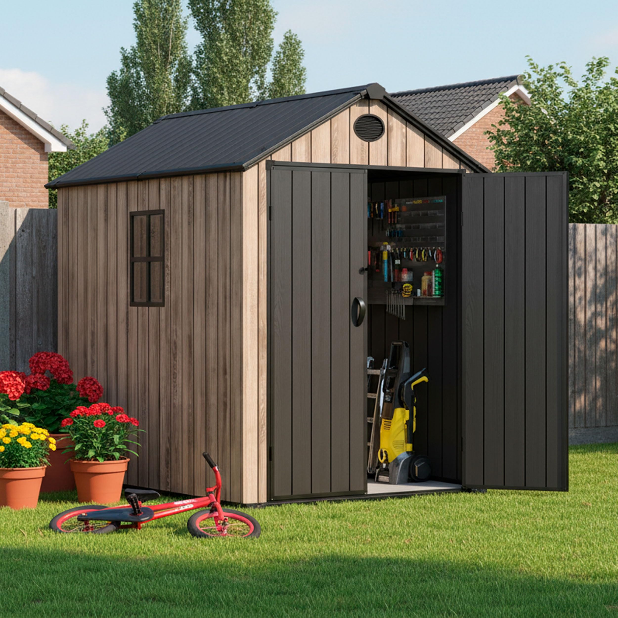 Hoggar – Caseta de Resina Jardín 3,62m2 Oak O40 - Suelo Incluido – Ventana Lateral – Efecto Madera Premium - Doble Puerta Amplia – Protección UV e Impermeable – Cierre con Pasador – Respiraderos