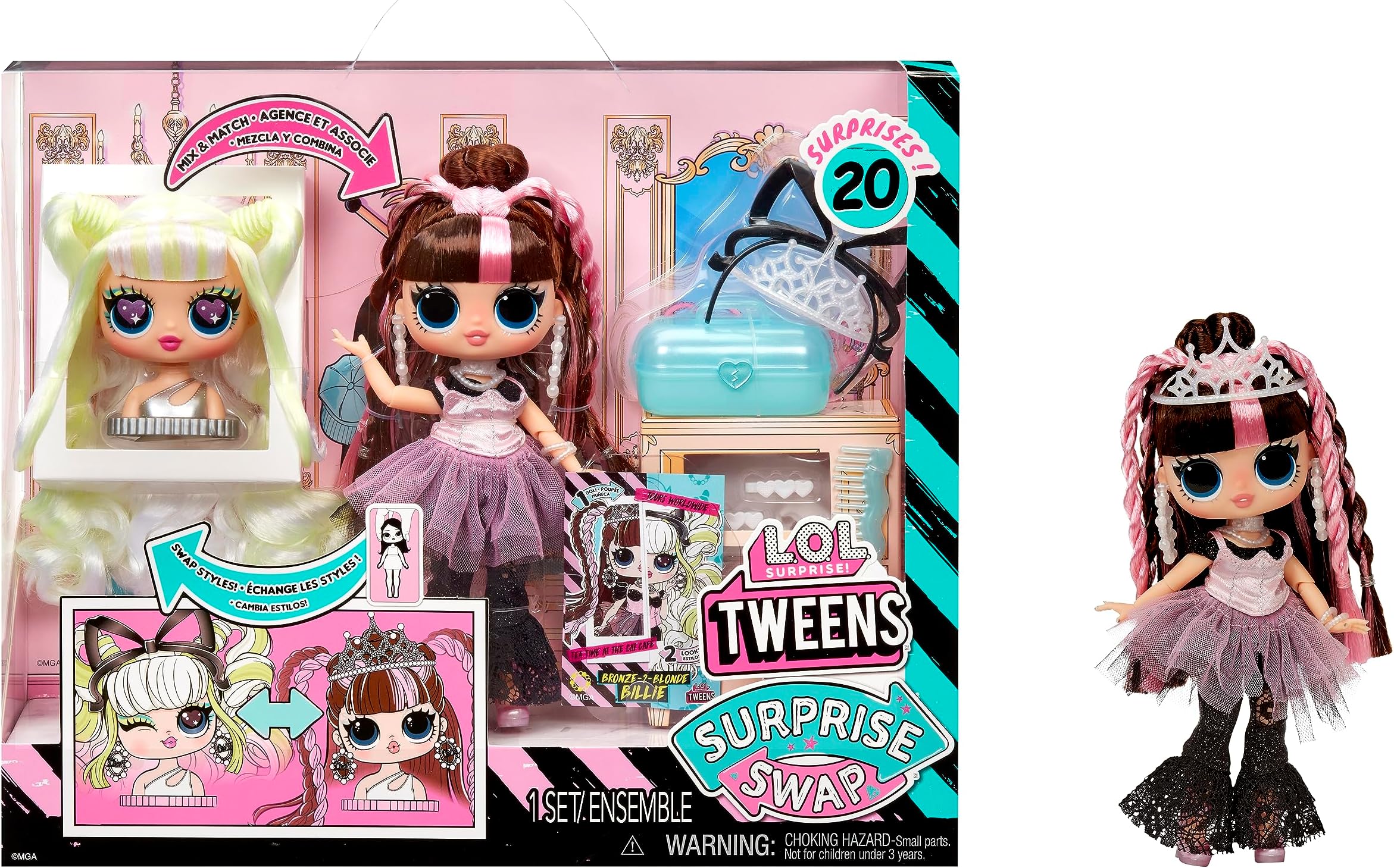 Tweens Surprise Swap Bronze-2-Blonde Billie Fashion Doll with 20+ Surprises Including Styling Head and Fabulous Fashions and Accessories – Great Gift for Kids Ages 4+