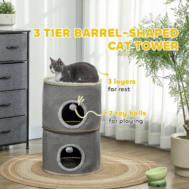 Foto 4 de 8 de Pawhut - Torre para Gato modulable, Barril rascador Gato con Cremallera Separable 3 Niveles, Dos Bolas, Cueva…