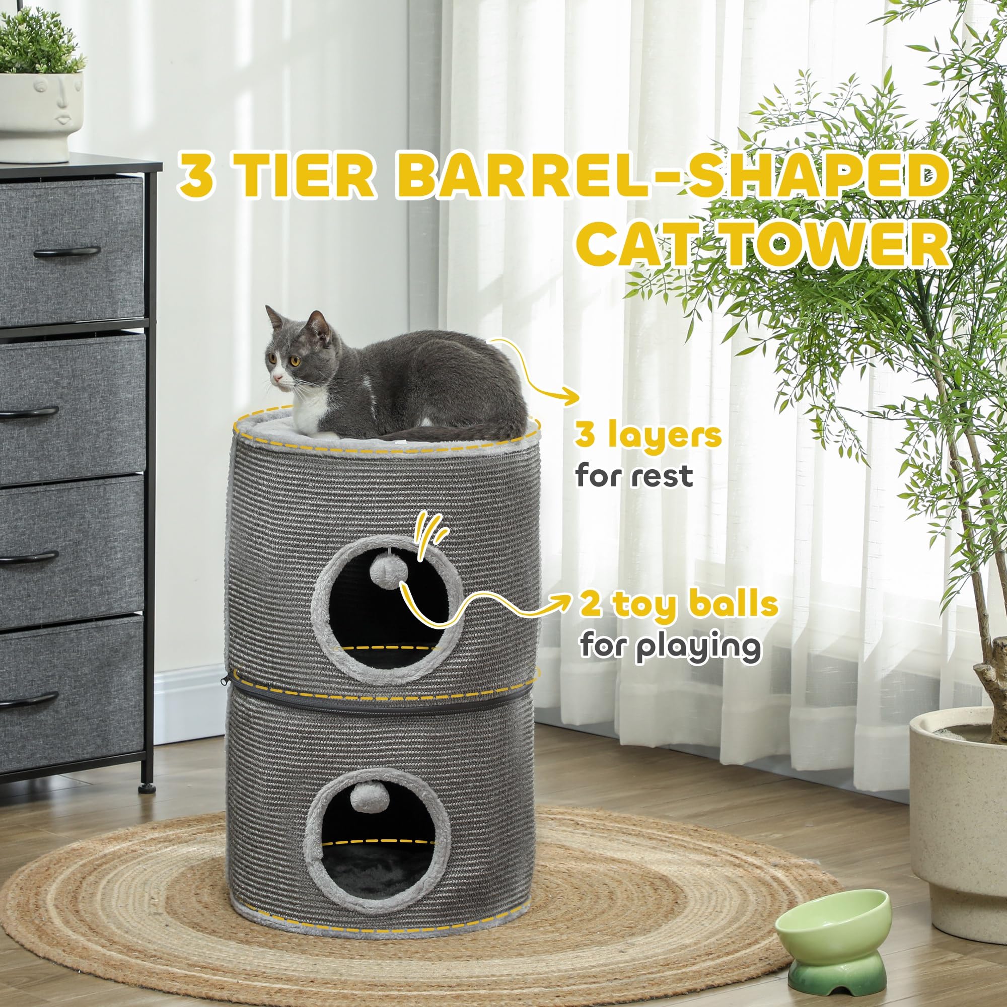 Pawhut - Torre para Gato modulable, Barril rascador Gato con Cremallera Separable 3 Niveles, Dos Bolas, Cueva para escondite, Altura 69 cm, Gris | Cremallera separable, dos bolas, cueva para gatos, escondite, cabaña rascador de gato