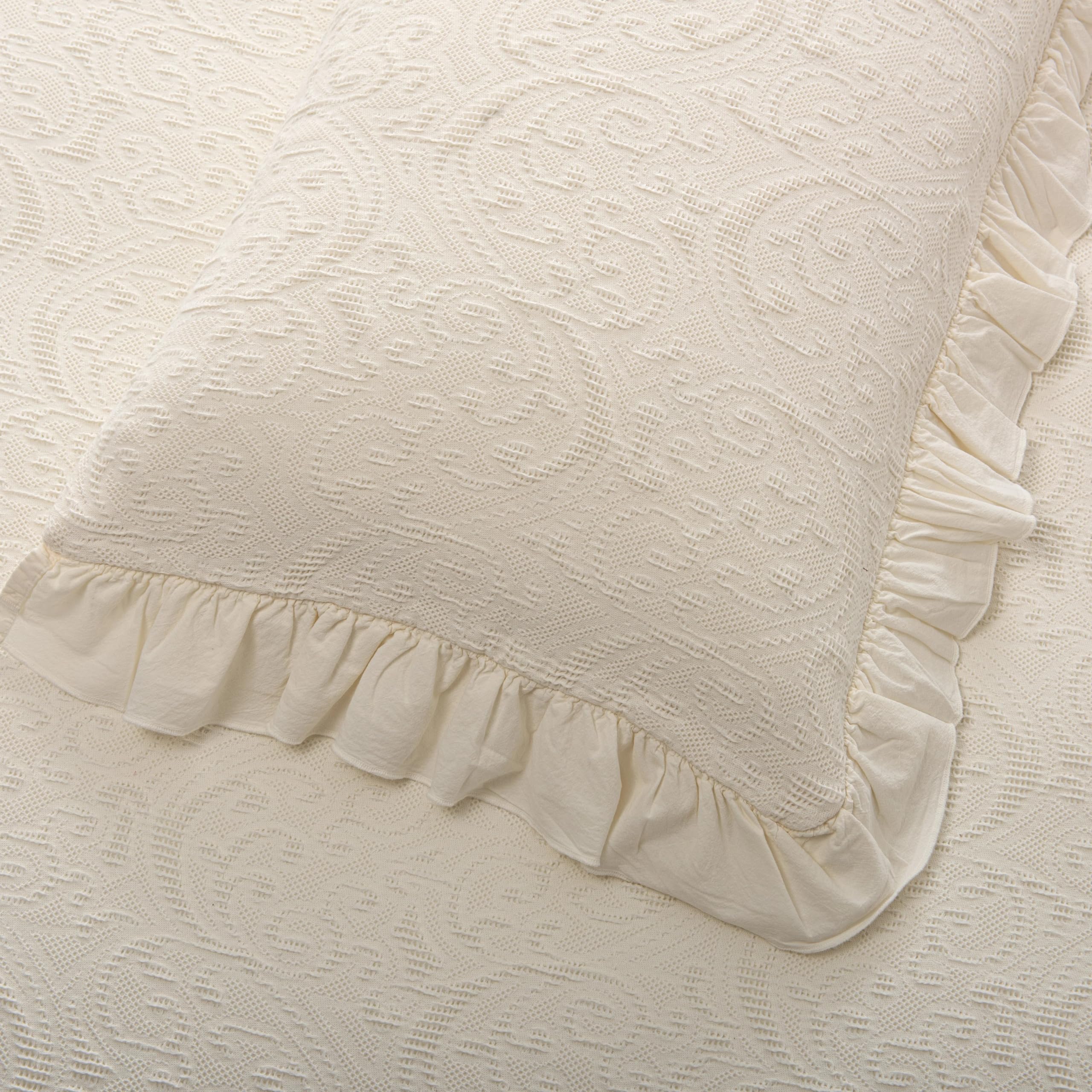 Colcha de Algodón Stonewashed Marfil con Volante Doble – Bonnie - 100% Algodón - Cama 105 cm (Colcha 200 x 260 cm) - Geométrico- Fabricado Portugal