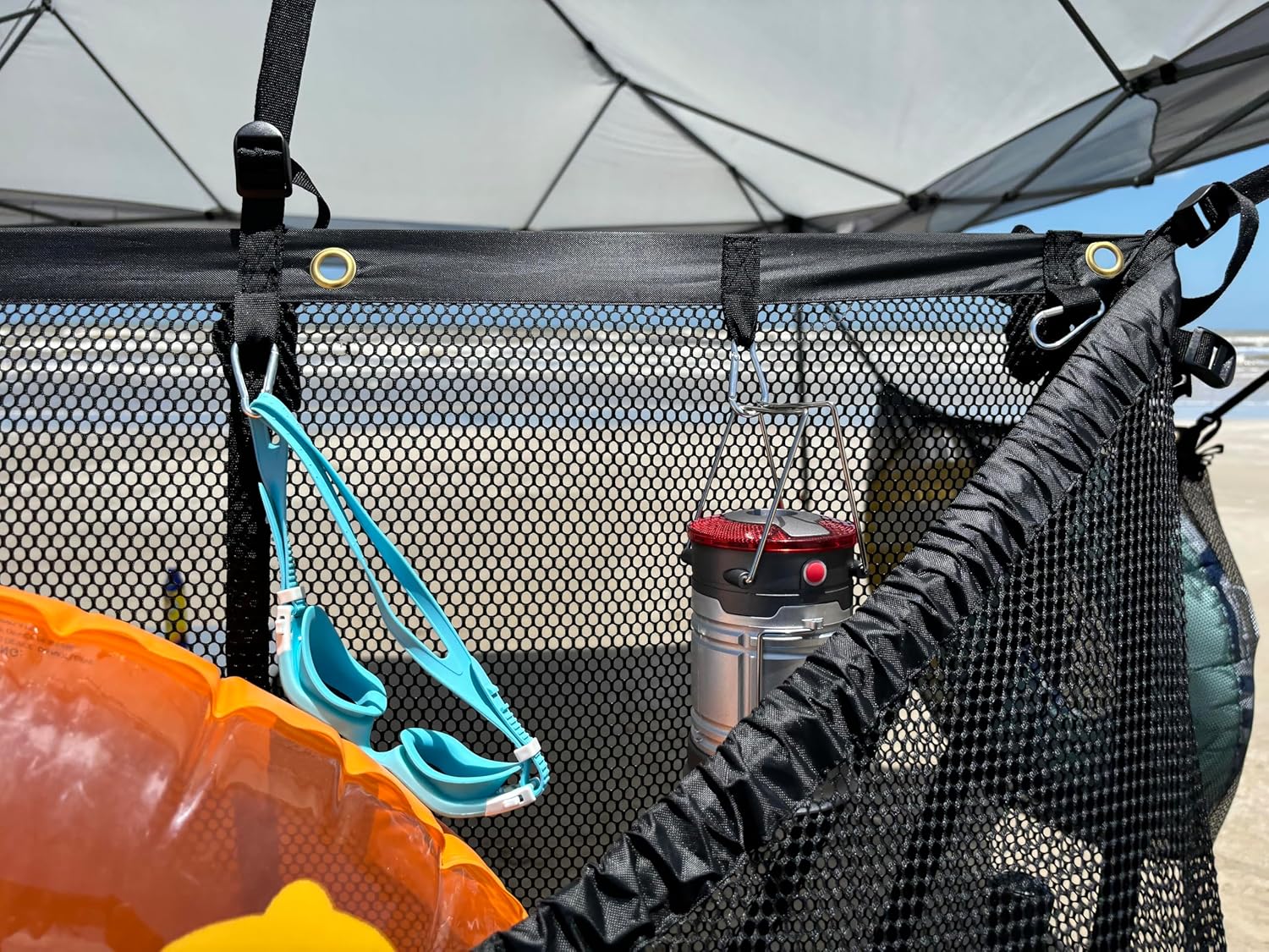 Heavy-Duty Pool Float Beach Tent Organizer - Toys, Camping Storage Bag with Accessory Hooks and Extended Straps (Black)