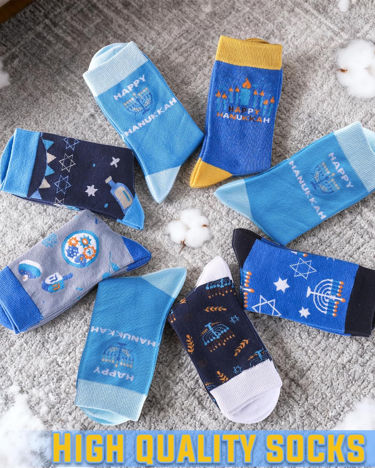 12 Pairs Hanukkah Novelty Crew Socks - 6 Styles for Men & Women - Blue Chanukah Hexagram Star Menorah Dreidel Pattern Socks - Funny Gifts for Hanukkah Parties & Holiday Costume Supplies - Image 6