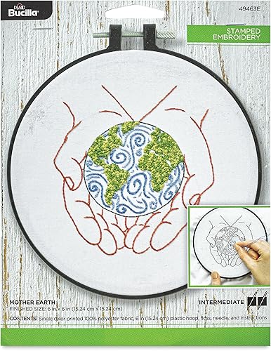 Bucilla Kit de bordado estampado de 6 pulgadas, Madre Tierra, incluye tela de bordado, aro de 6 pulgadas, hilo de bordar, aguja e instrucciones
