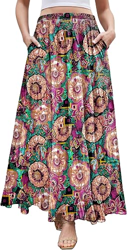 LiCot Women's Maxi Skirt with Pockets High Waisted Casual A-Line Pleated Long Sk