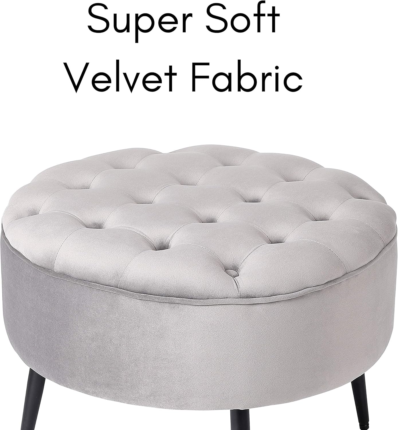 BIRDROCK HOME Tufted Round Ottoman - Mid-Century Modern Upholstered Velvet Foot Rest with Steel Legs - Soft Padded and Decorative Footstool, Accent or Vanity Chair for Living Room or Bedroom (Grey)
