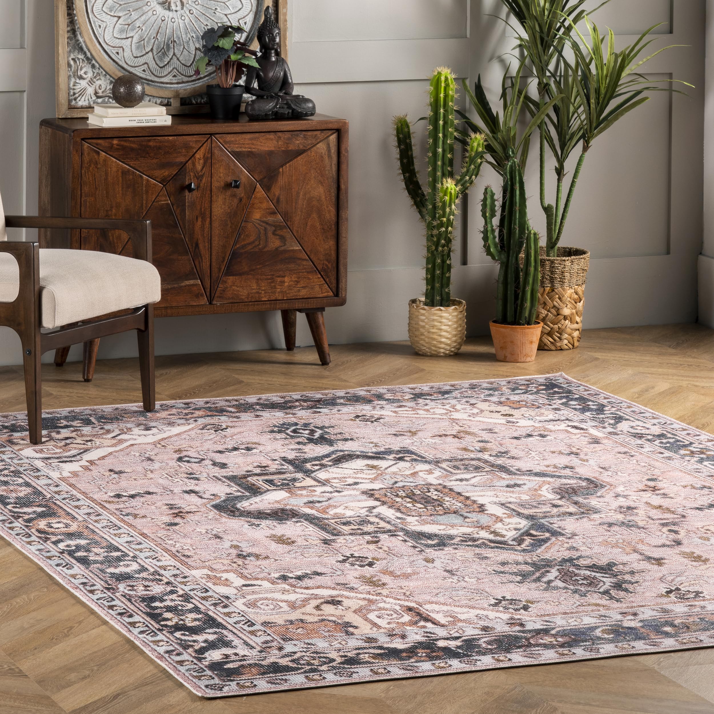 nuLOOM Sasha Machine Washable Medallion Ultra Thin Accent Rug, 2x3, Pink