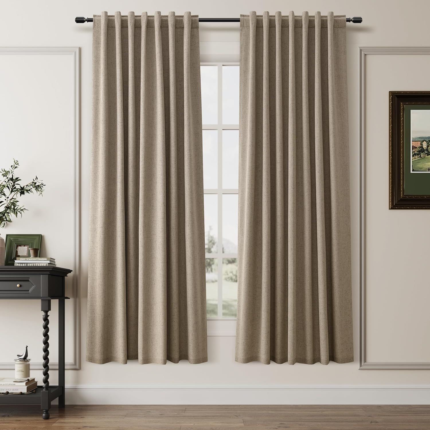 BOODII Linen Blackout Curtains for Bedroom 72 Inch Length 2 Panels Set Room Darkening Curtains Matcha Brown Black Out Curtain Neutral Thermal Insulated Living Room Winter Window Drapes Back Tab 52x72