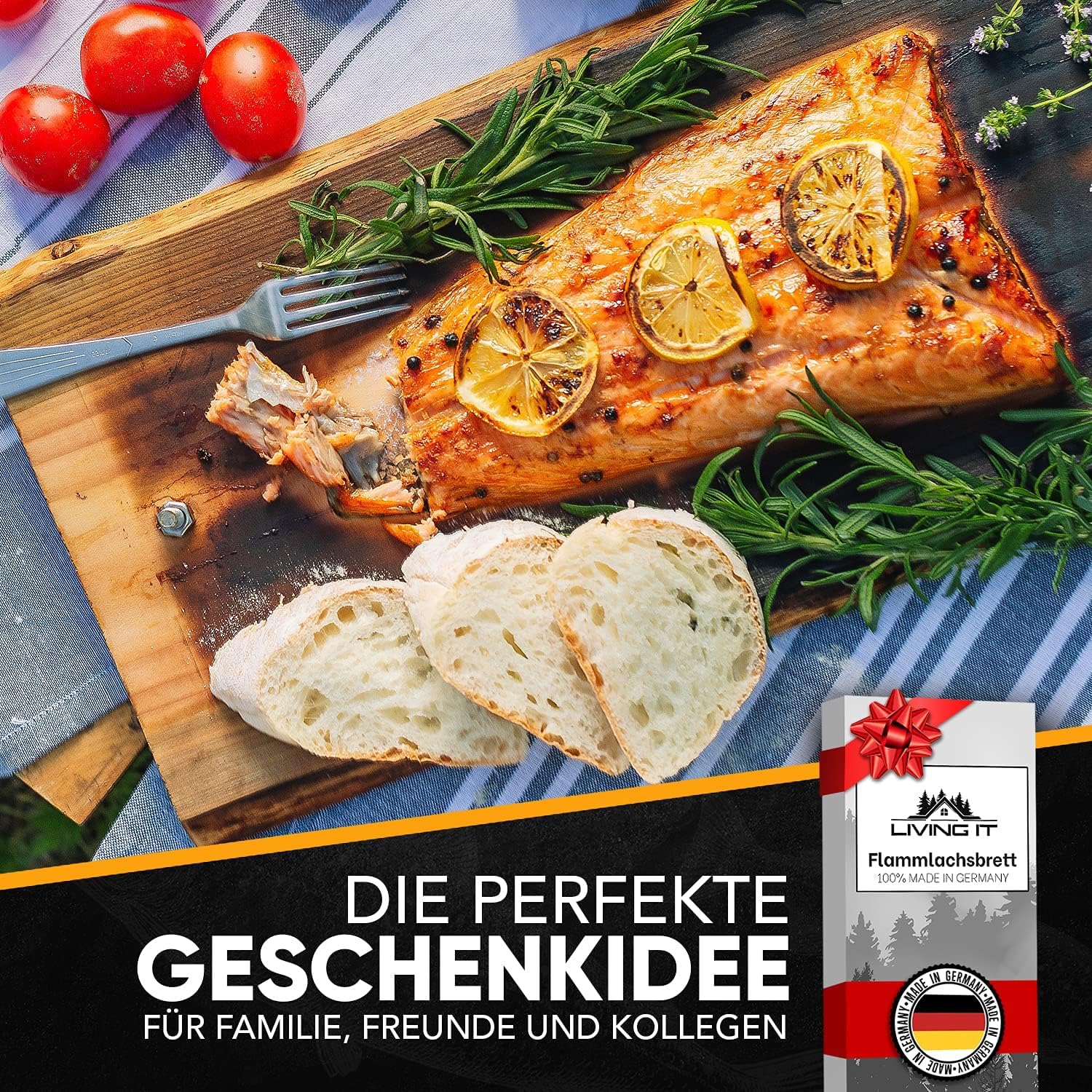 Flammlachsbrett mit Halterung aus Edelstahl (100% Made IN Germany) Lachsbrett aus 100% hochwertiger Lärche Ideal für Feuerschale, Grill und Kugelgrill (Perfekt für Lachs Fans)
