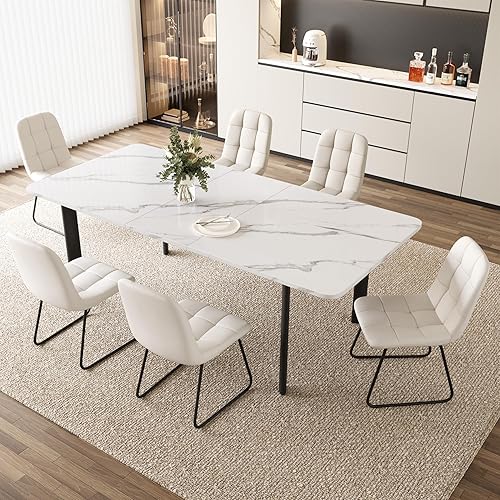 Miniatura 7 de Juego de mesa de comedor extensible para 6-8 personas, mesa de cocina MDF de 63 a 78.7 pulgadas con 6 sillas tapizadas, ahorro de espacio para