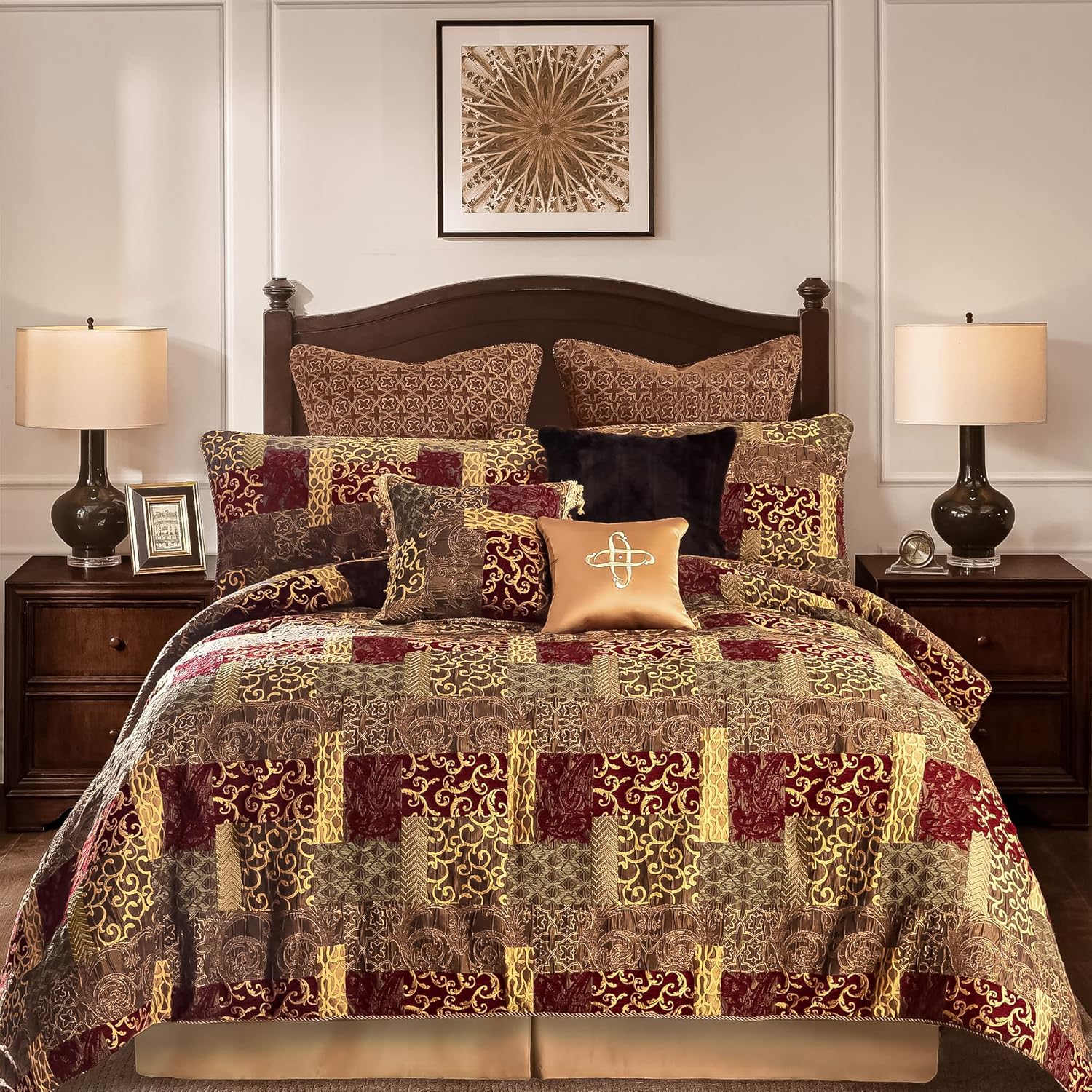 Loom and Mill 9-Piece Jacquard Luxury Traditional Patchwork Comforter Sets, Ultra Soft Bedding with Euro Shams, Bedskirt, Filled Decorative Pillow for Home (Loong, King),Red Gold