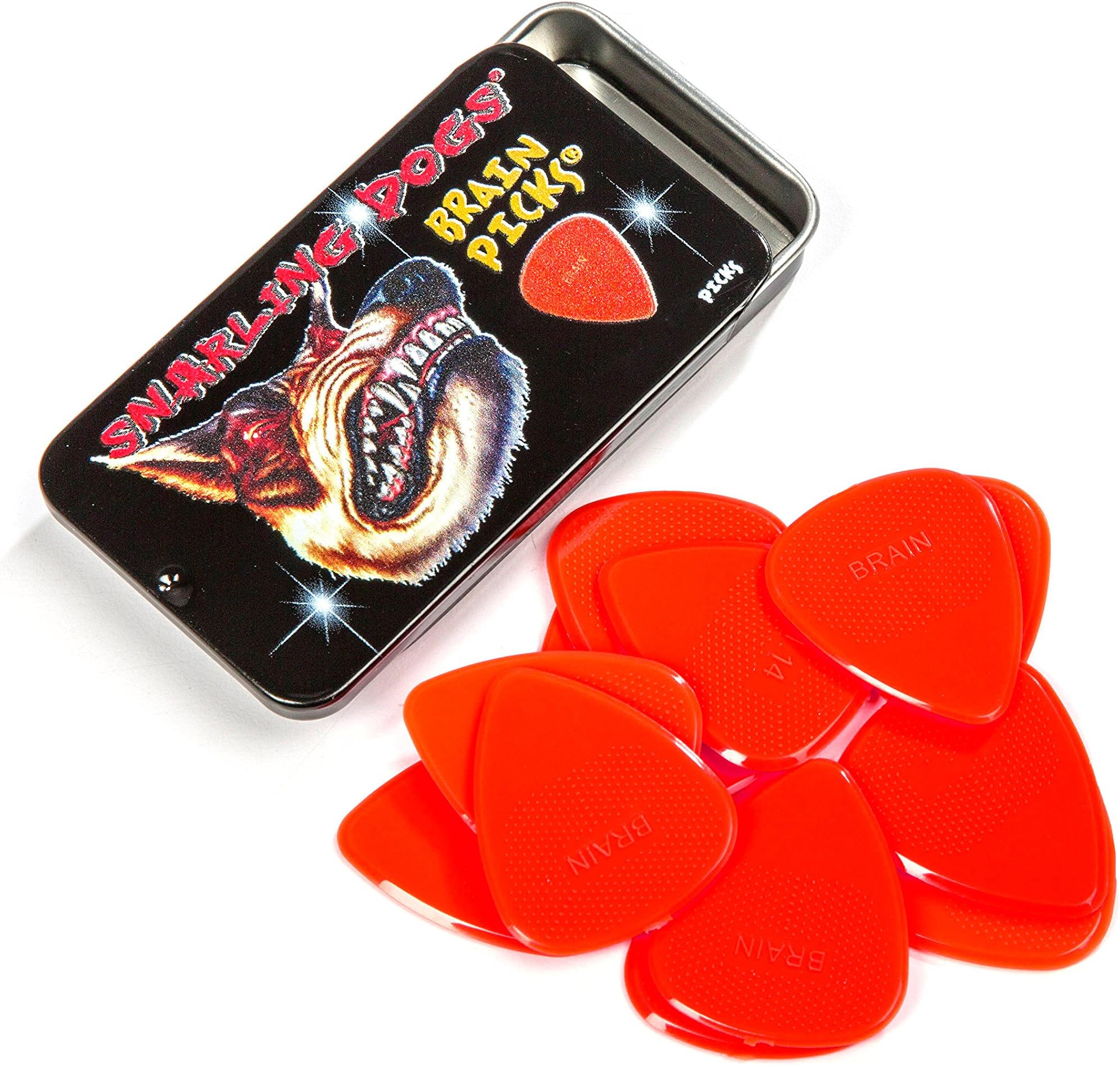 D'Andrea Snarling Dog Brain Nylon Guitar Picks 12 Pack with Tin Box (Red, 0.73mm)