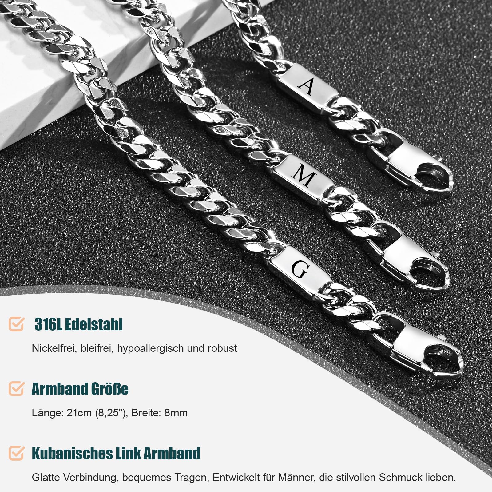 Herren Armband Edelstah Panzerkette mit Buchstaben - Silber Panzerkette Armband für Männer Jungen A-Z, Buchstabe Kubanische Armbänder 8mm Breite 21cm Länge Geschenke für Ehemann Papa Sohn Bruder