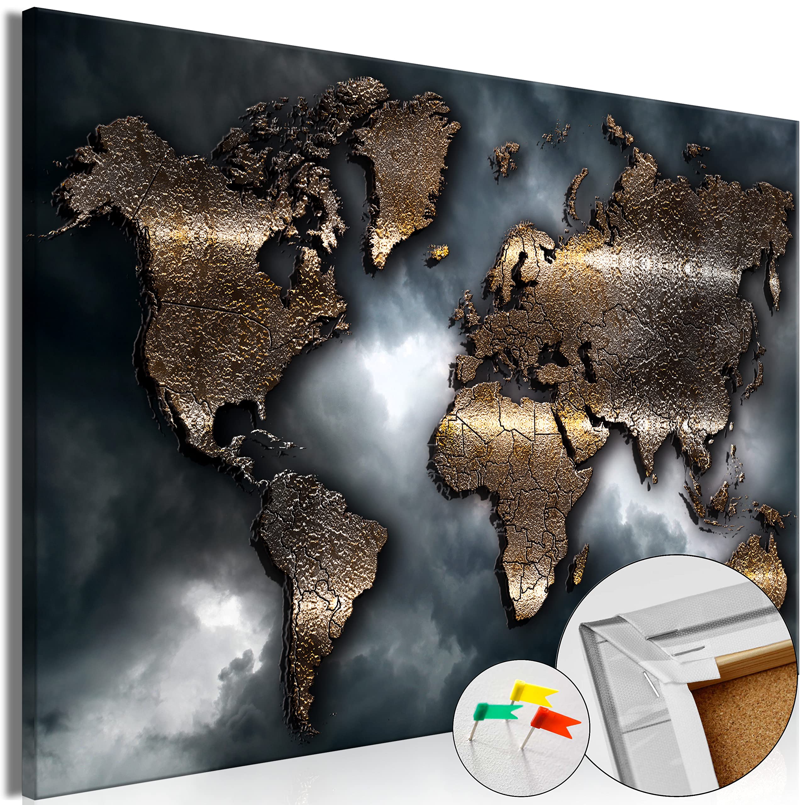 Produktbild von B&D XXL Weltkarte Pinnwand & Vlies Leinwand Bild Landkarte 120x80 Cm XXL Bilder Mit Kork Rückwand 3 Teilig Kunstdruck Korktafel Korkwand Memoboard Pinboard Wandbilder Karte Holz