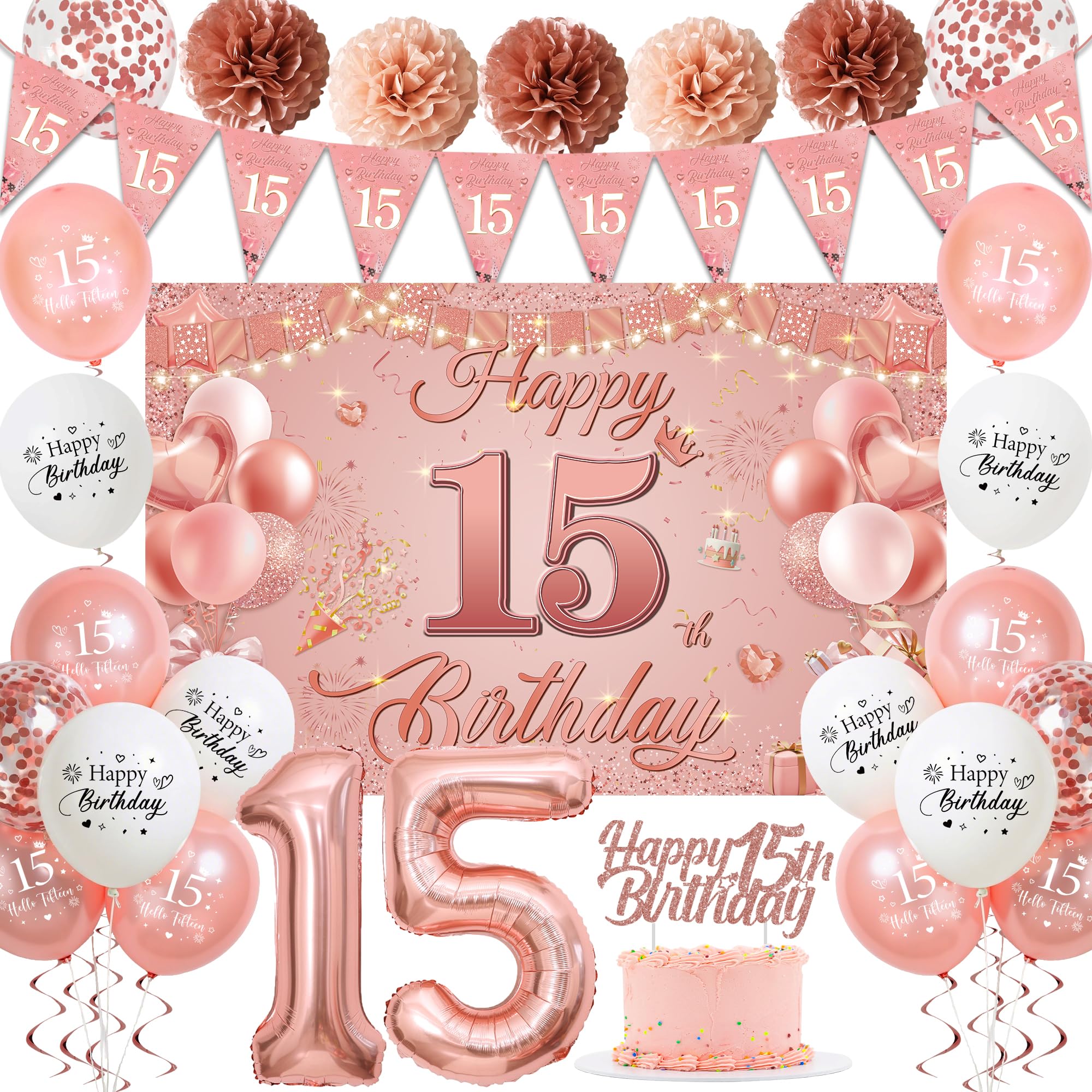 Sroeeshee 15th Birthday Decorations for Girls - Pink Rose Gold 44Pcs 15th Bday Balloon Backdrop Set with Pennant Banner Number 15 Balloons, Photo Backdrop Pom Poms Cake Topper for 15 Year Old Party
