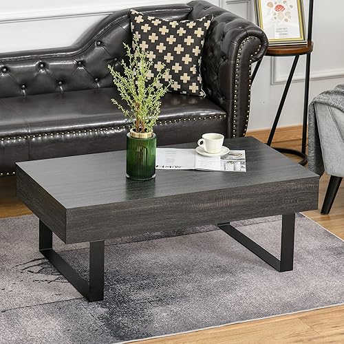 Cofee Table-Functional Coffee Table-Raised Bottom with Drawer and Open Storage Compartment Dark Gray