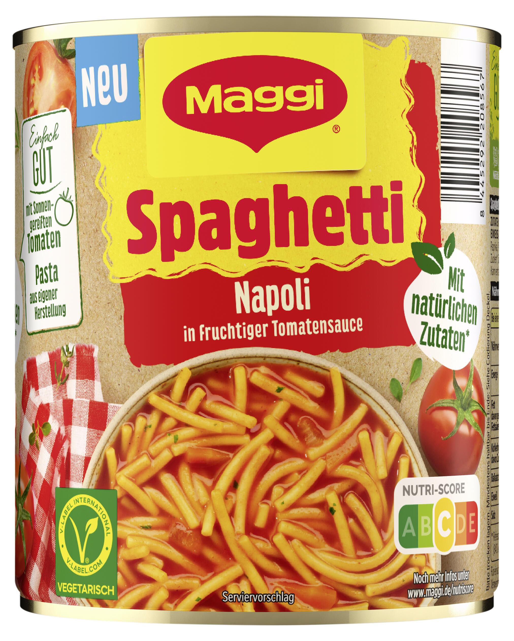 MAGGI Spaghetti Napoli, vegetarische Pasta in fruchtiger Tomatensauce, leckeres Fertiggericht, 6er Pack (6 x 800g)