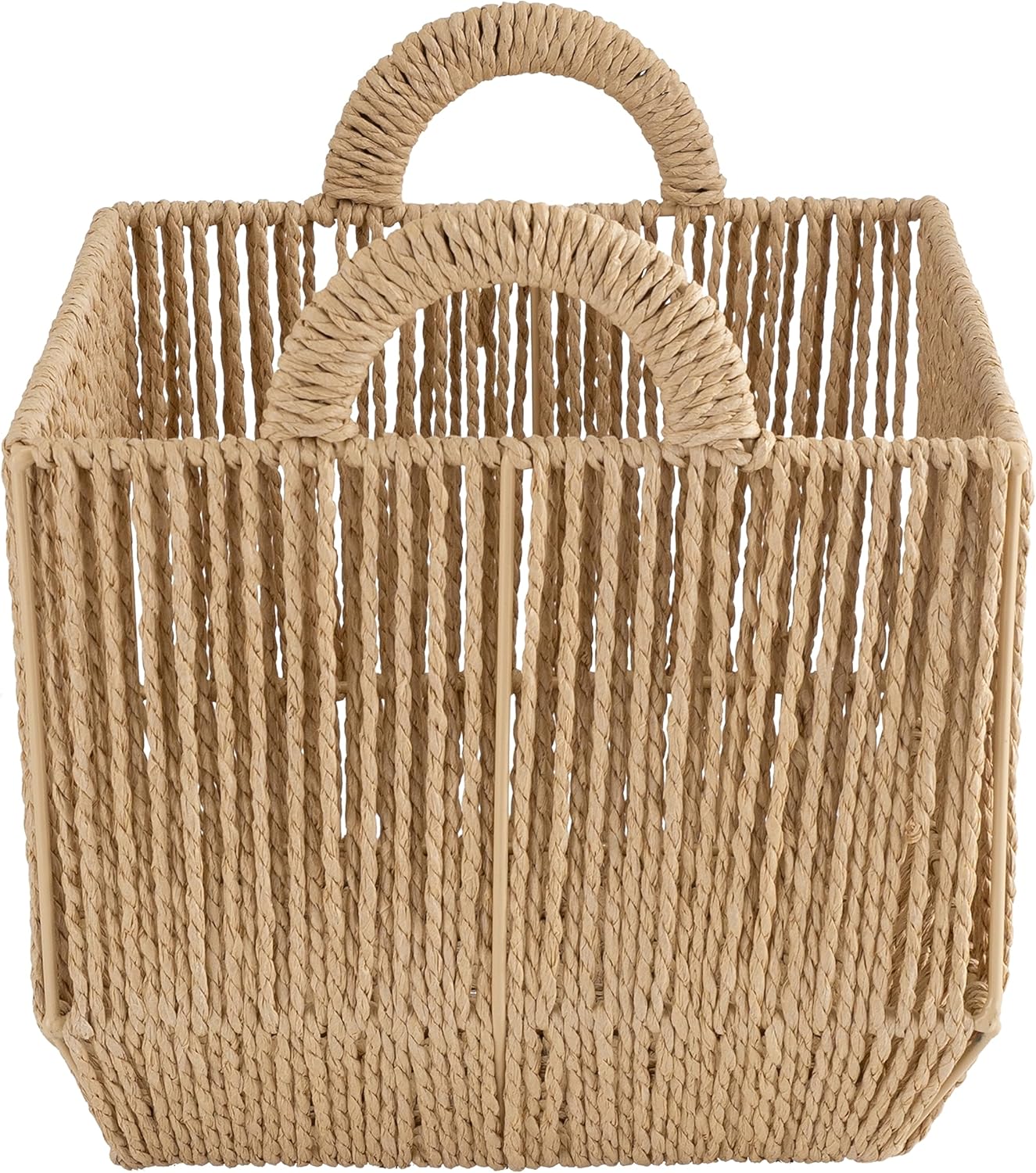 Simplify Large Storage Basket with Round Handles | Dimensions: 15"x 13"x 10" | Vertical Weave Design | Home Organization | Paper Rope Material | Great For Living Spaces