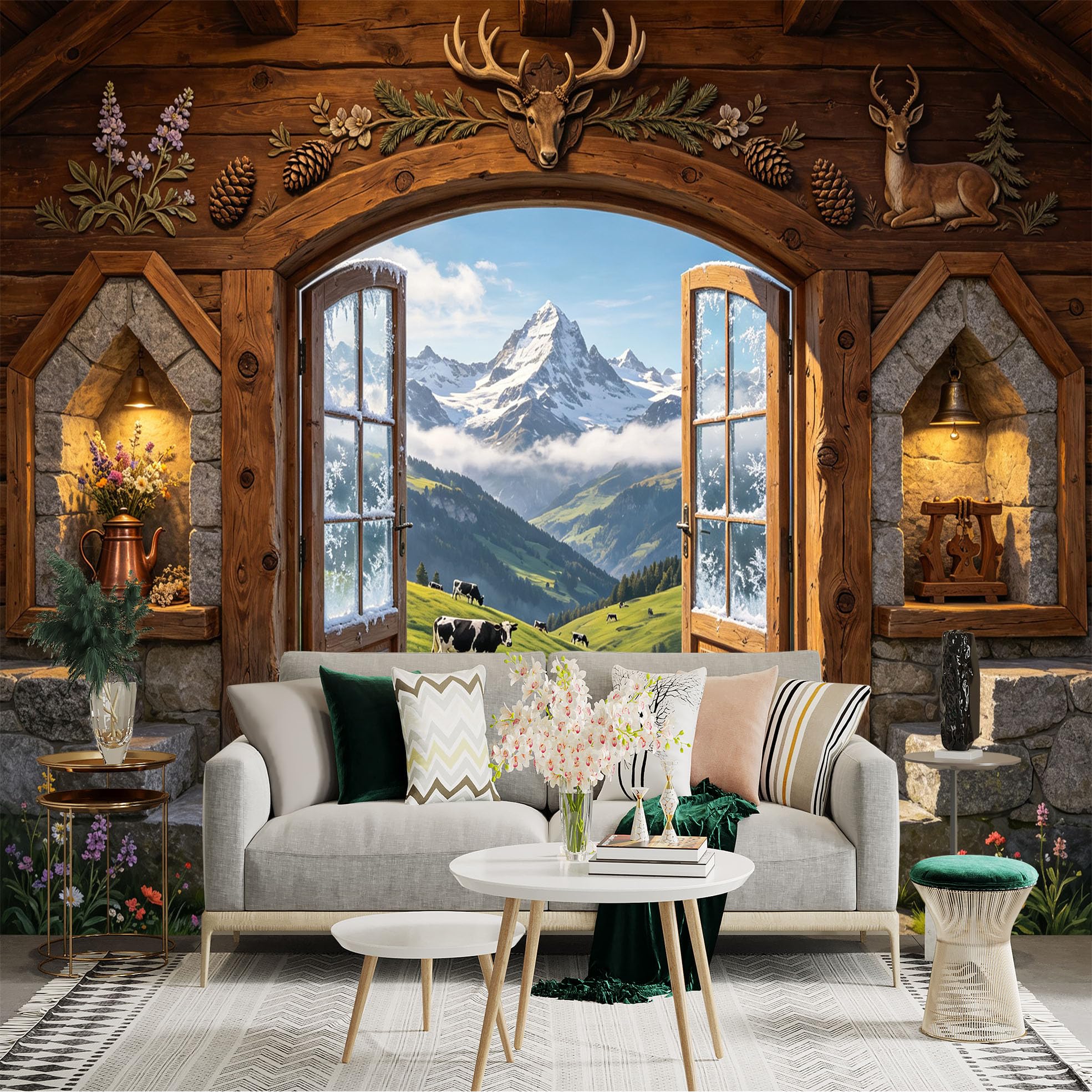 Custom Size Wall Sticker Mural， Rustic Mountain View with Open Wooden Door and Alpine Meadow， for wall Decoration， peelandstick wall Decals.
