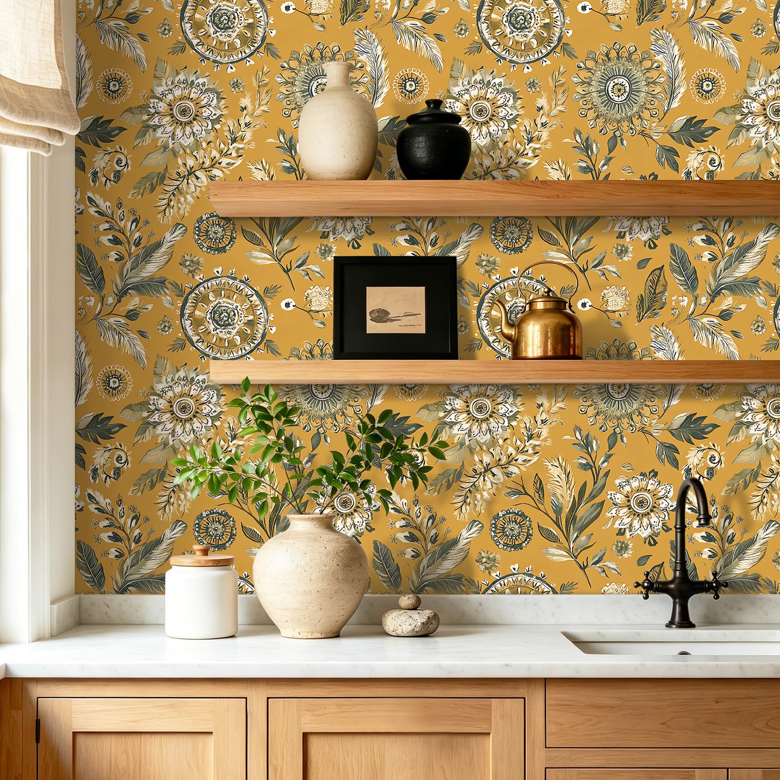 FunStick 44.5CMx9M Papel de Pared Autoadhesivo para Dormitorio Baño Amarillo Anaranjado Papel Armario Adhesivo Floral Tropical Impermeable Vinilos para Muebles Flores Hojas Amarillo Vinilo Pared Salon