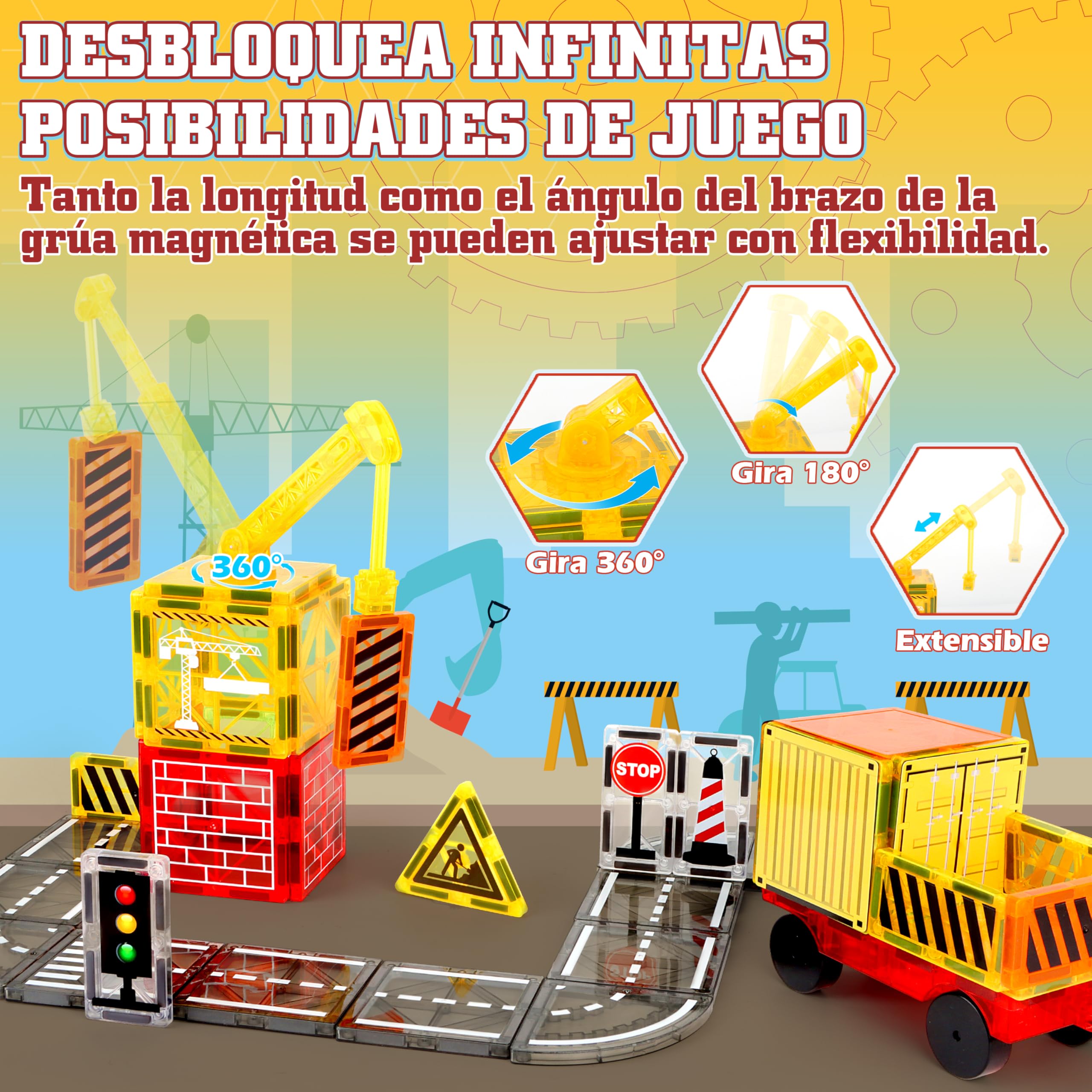JONRRYIN Construcciones Magneticas Niños, 100 Piezas Bloques Magneticos Construccion con grúa y Edificio, Magnetic Tiles Carretera Magnetica Niños Juguetes 3-8 Años