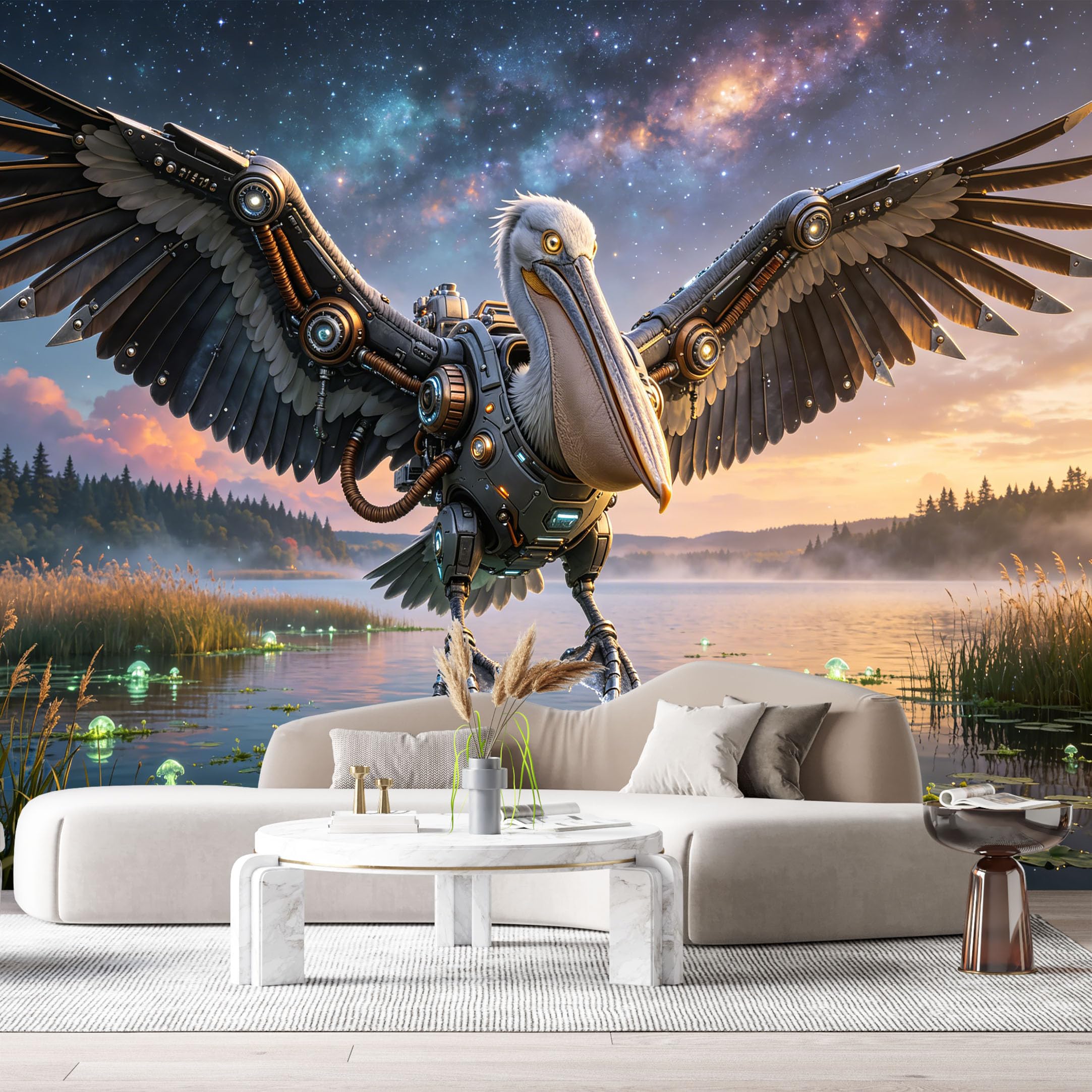 Custom Size Wall Mural Mechanical Bird SciFi Cybernetic Pelican Futuristic Nature Scene SelfAdhesive Art Prints Removable Large Wallpaper Esports Room Game Room Tenant Room Studio