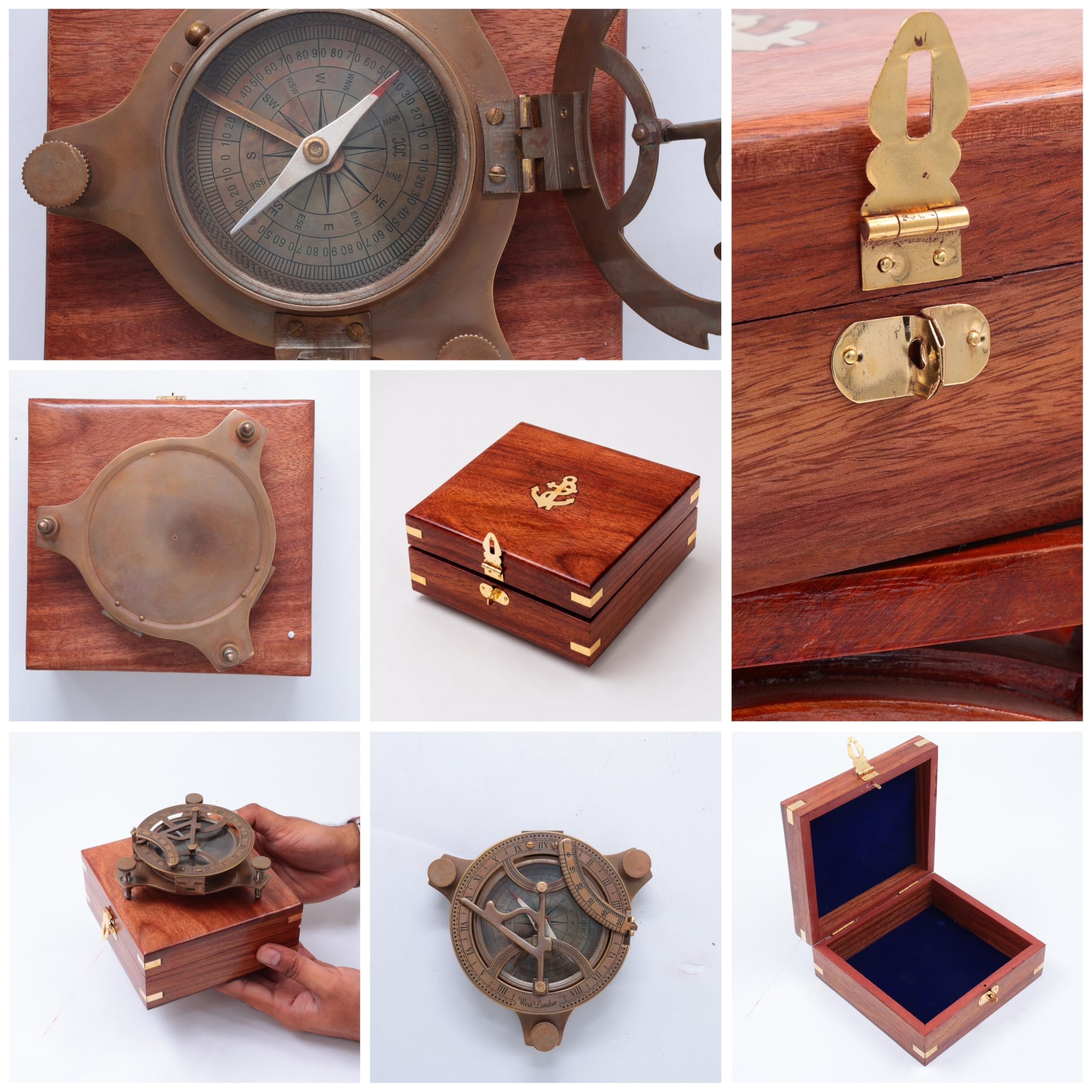 Nagina International Boussole triangulaire avec compteur de niveau intégré en bois de rose véritable avec ancre - 12,7 cm