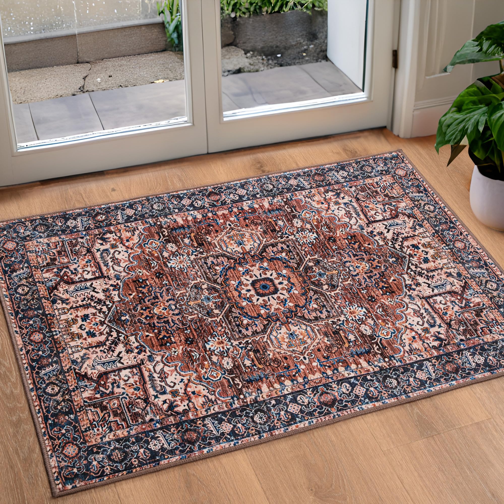 ISEAU Indoor Entryway 2x3 Vintage Rug - Small Machine Washable Area Rug with Non-Slip Backing, Low Pile Throw Rugs for Door, Entrance, Kids Room,