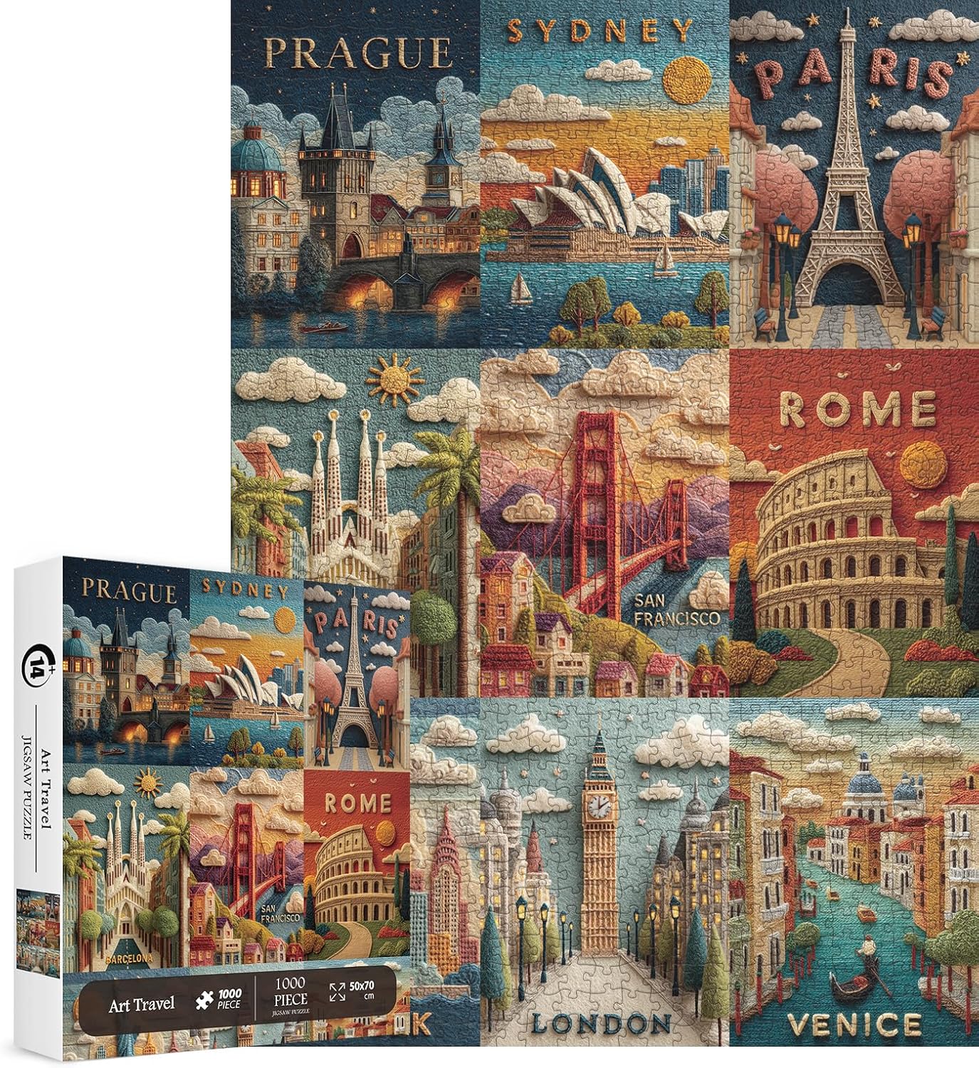 World Travel Landmarks Puzzles for Adults 1000 Pieces. Felt Style Landscape Poster Jigsaw Puzzles. Challenging New York, London, Paris Scenery Art Puzzles