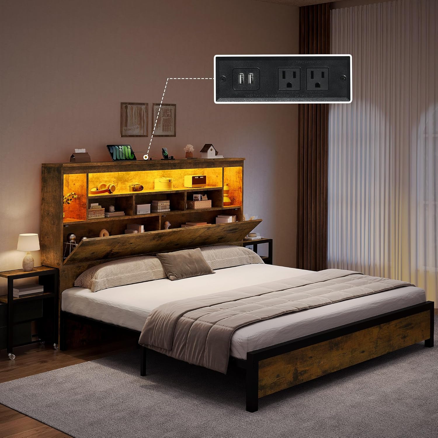 DWVO Queen Size Bed Frame with Storage Bookcase Headboard & RGB LED Lights, Slide Out Bedside Storage, Charging Station, Heavy Duty Metal Slats, No Box Spring Needed, Noise-Free, Rustic Brown