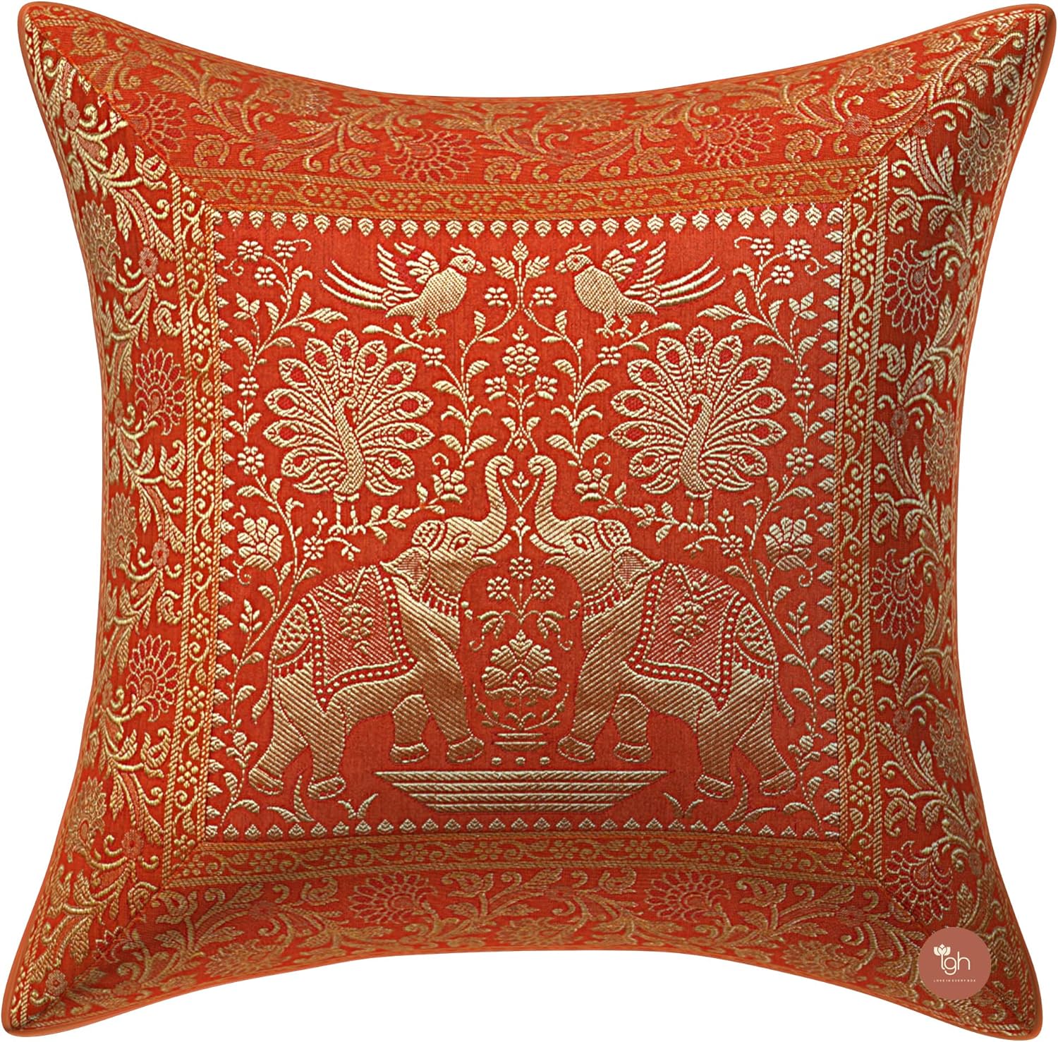 Indian Vintage Patchwork Floral Couch Throw Pillow Cover 16 x 16 Big Bohemian 40cm x 40cm Home Decor Cotton Abstract Cushion Cover (Orange & Gold, Pack of 5)