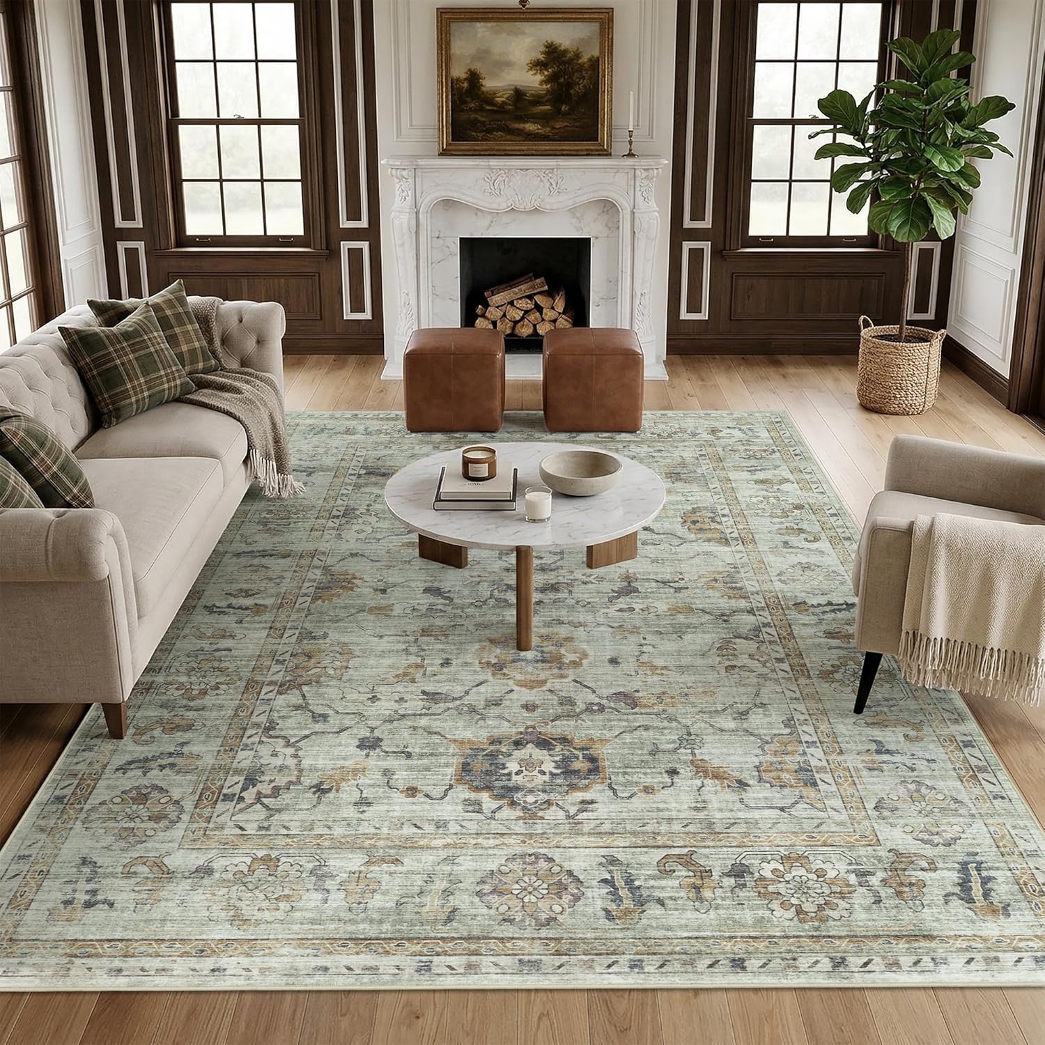 Washable Rugs 6x9 Area Rugs for Living Room,Rug for Bedroom, Vintage Distressed Non-Slip, Ultra Soft Faux Wool Carpet for Dining Room, Sage Green Gray Soft Gold Neutral for Home Office Décor
