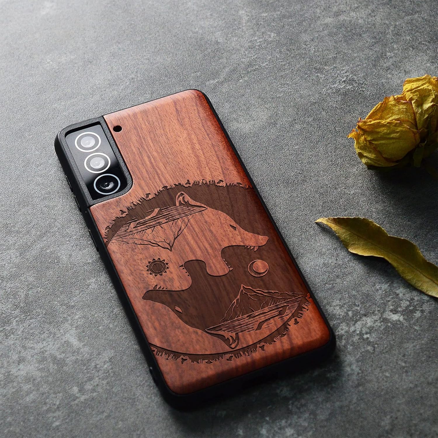 Carveit Wood Case for Galaxy S21 Case [Natural Wood & Soft TPU] Shockproof Hybrid Protective Unique Wooden Cover Compatible with Samsung S21 5G (Wolf-Tai Chi-Rosy)