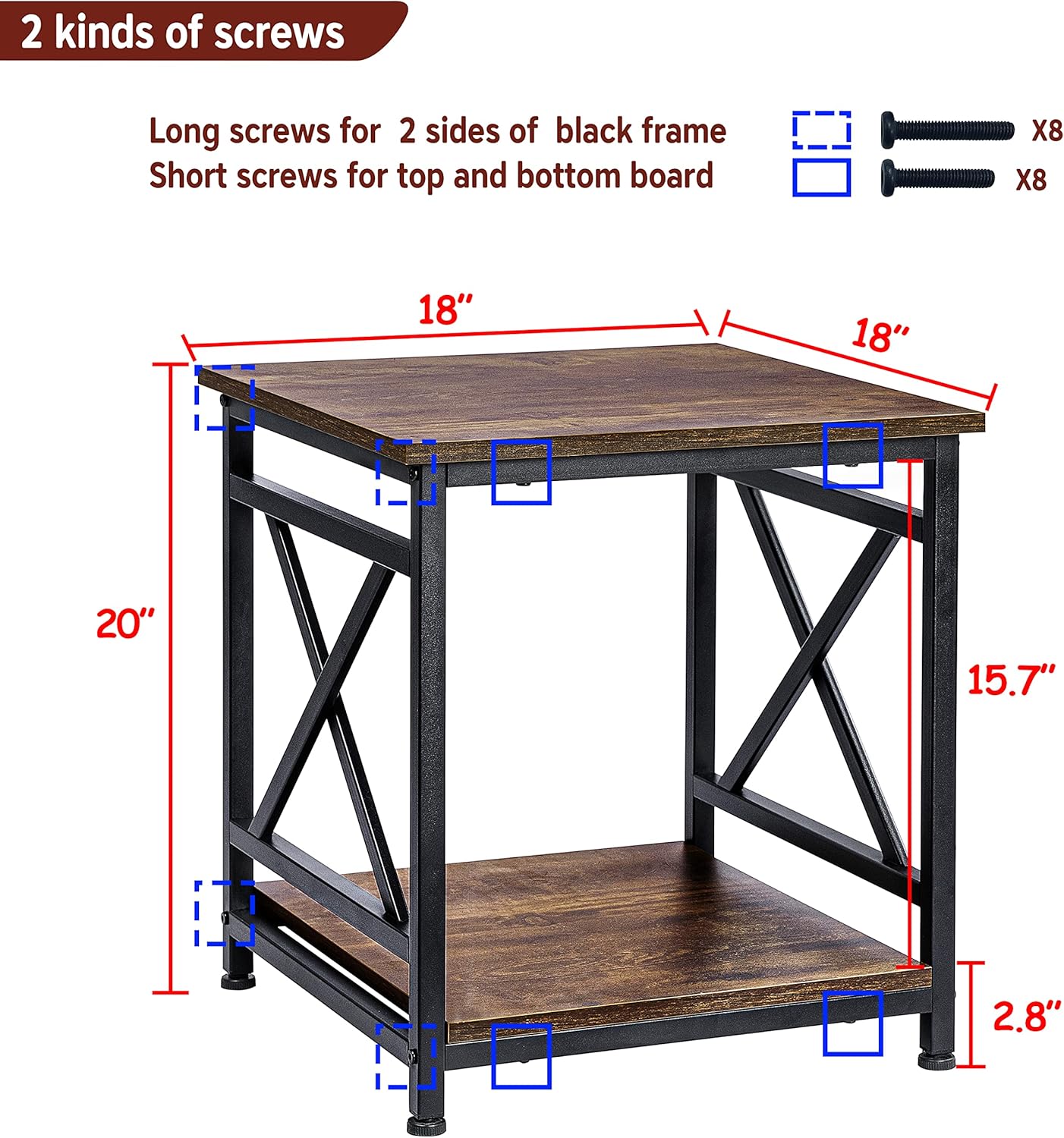 Industrial End Table Side Table with 2-Tier Storage Shelf, 18'' Square Nightstand Bedside Table X-Design Metal Frame for Living Room Bedroom, Rustic Brown : Everything Else