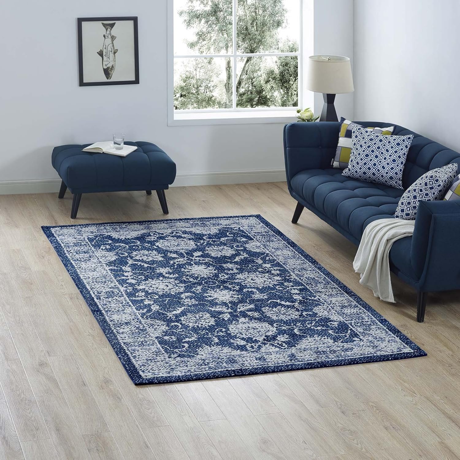 Modway Kazia Distressed Floral Lattice 8x10 Area Rug in Dark Gray and Ivory