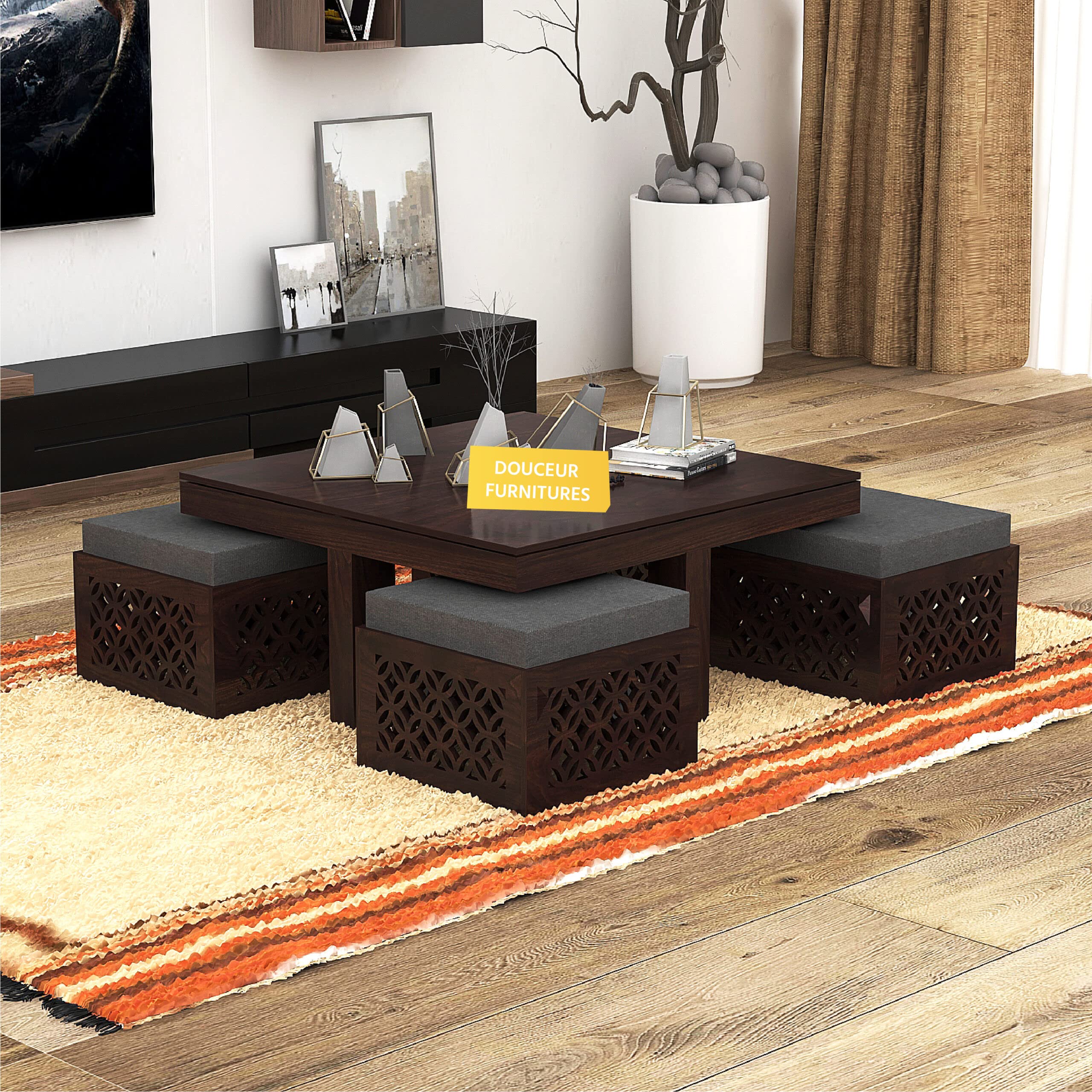 Douceur Furnitures Solid Sheesham Wood Coffee Table with 4 Stool for Living Room, Guest Room, Cafe | Wooden Coffee Table | Finish-Walnut Finish | Cushion:-Grey-picture-13